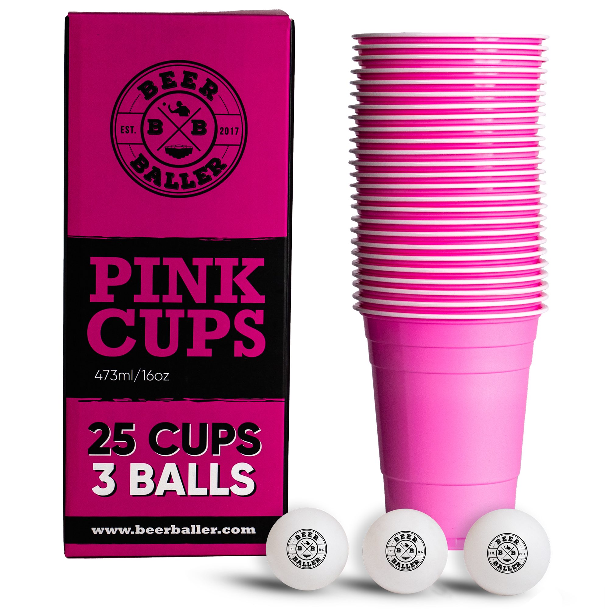 25 pinke Beer Pong Becher & 3 Bierpong Bälle als Set BeerBaller® Pink Cups 