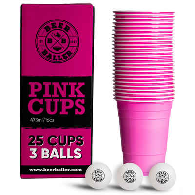 BeerBaller Becher BeerBaller® Pink Cups - 25 pinke Beer Pong Becher & 3 Bierpong Bälle als Set, 16oz/473ml