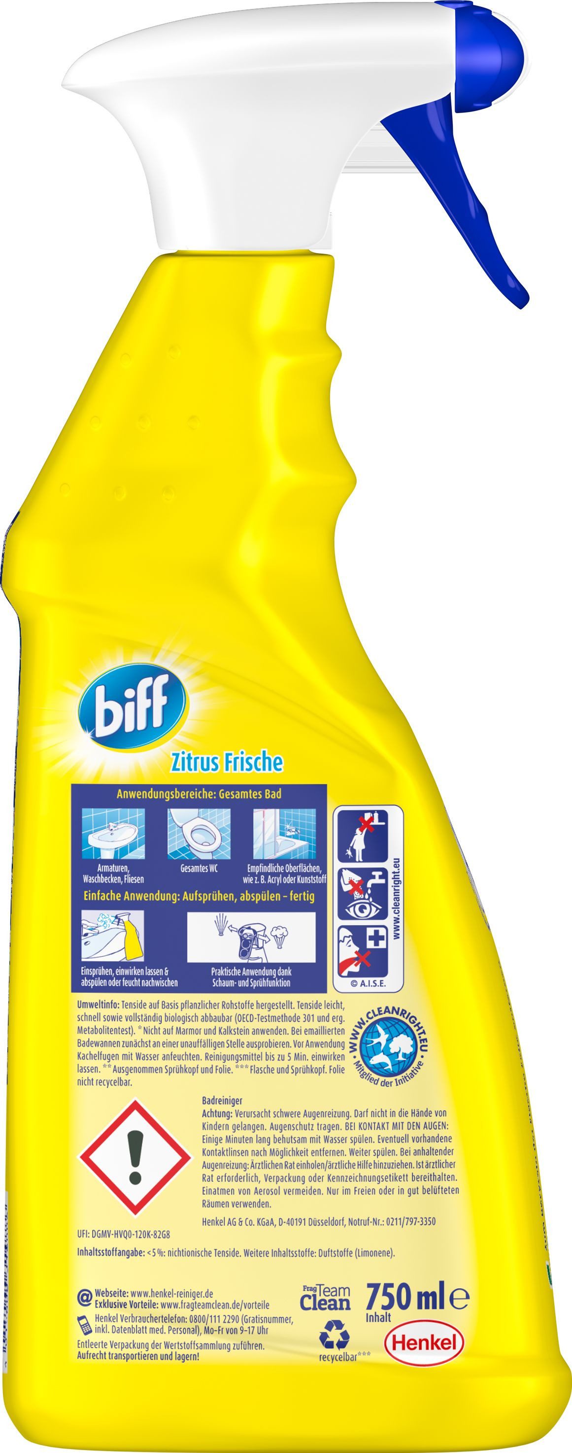 biff BIFF Bad Total Reiniger Zitrus Frische Sprühflasche 750ml Badreiniger (750 ml - Entfernt 99,9 % der Bakterien und speziellen Viren)