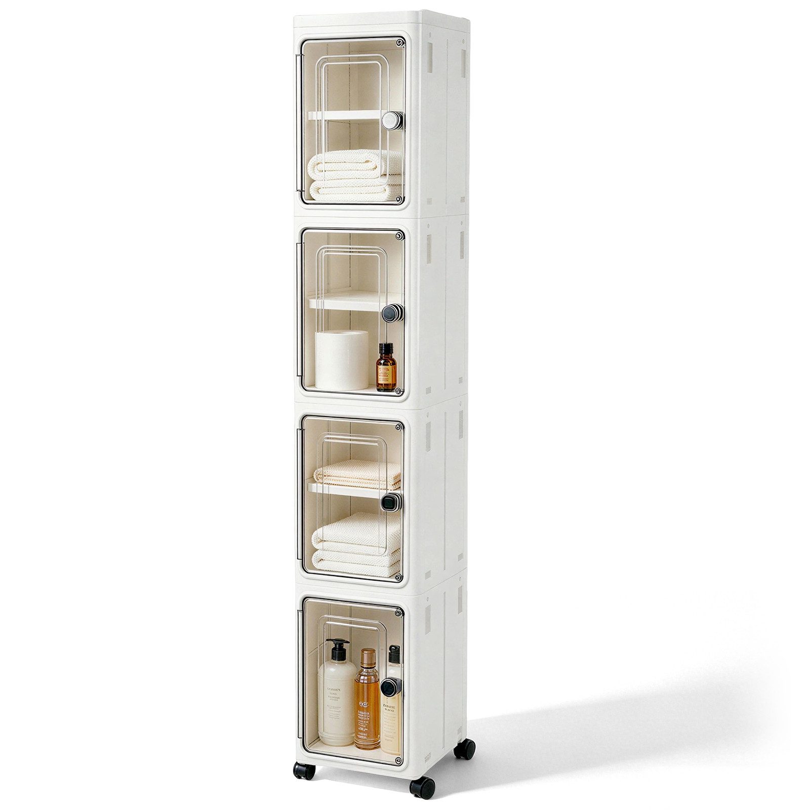 BlingBin Aufbewahrungsbox Stapelbox mit Tür und Rollen, 4‑2 Ebenen schmaler Badezimmerschrank (4er Set, 4 St., 22B x 25T x 127H cm), 22 x 25 x 127 cm, Organizer mit Deckel für Badezimmer