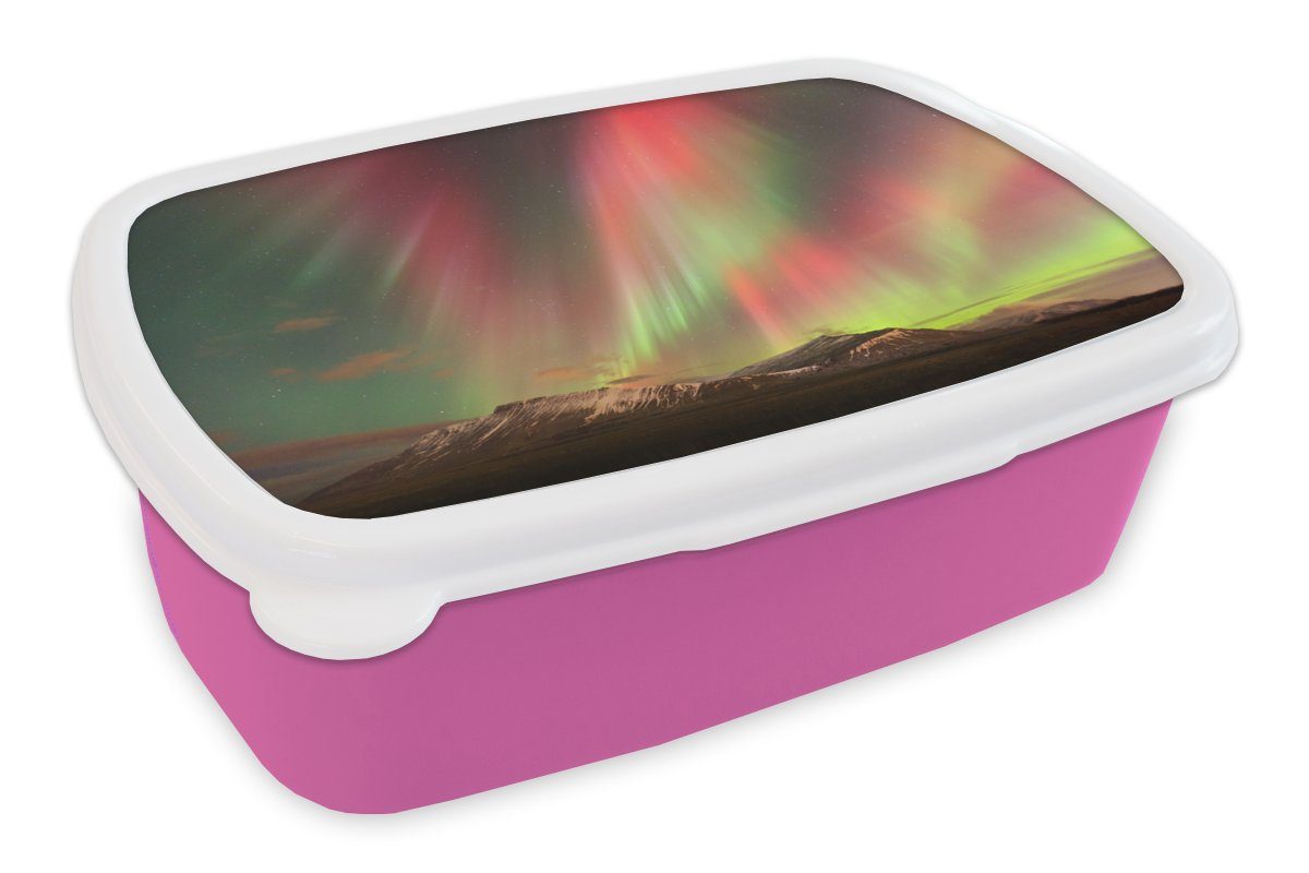 MuchoWow Lunchbox Nordlichter - Kunststoff, - (2-tlg), Rosa Mädchen, - Kunststoff für Snackbox, Grün Kinder, Erwachsene, Brotdose Brotbox Berg