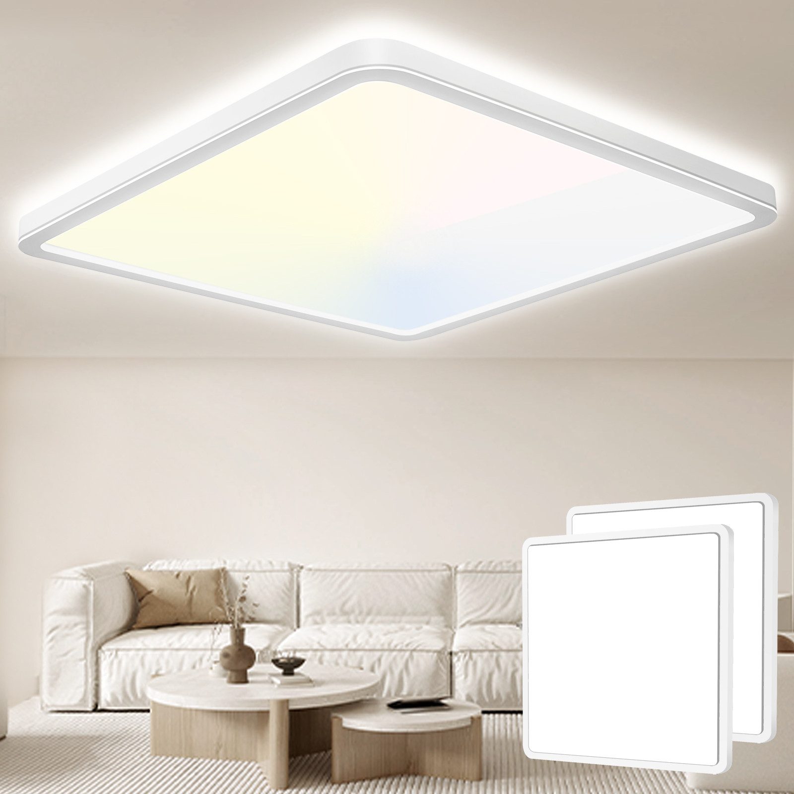 POPOLIC LED Deckenleuchte Deckenlampe 3200LM Modern LED Decklit, 3Farben - 3000K/4000K/6000K, Quadrat Flach Modern Schlafzimmer Lampe, IP54 Wasserfest, Ø30cm