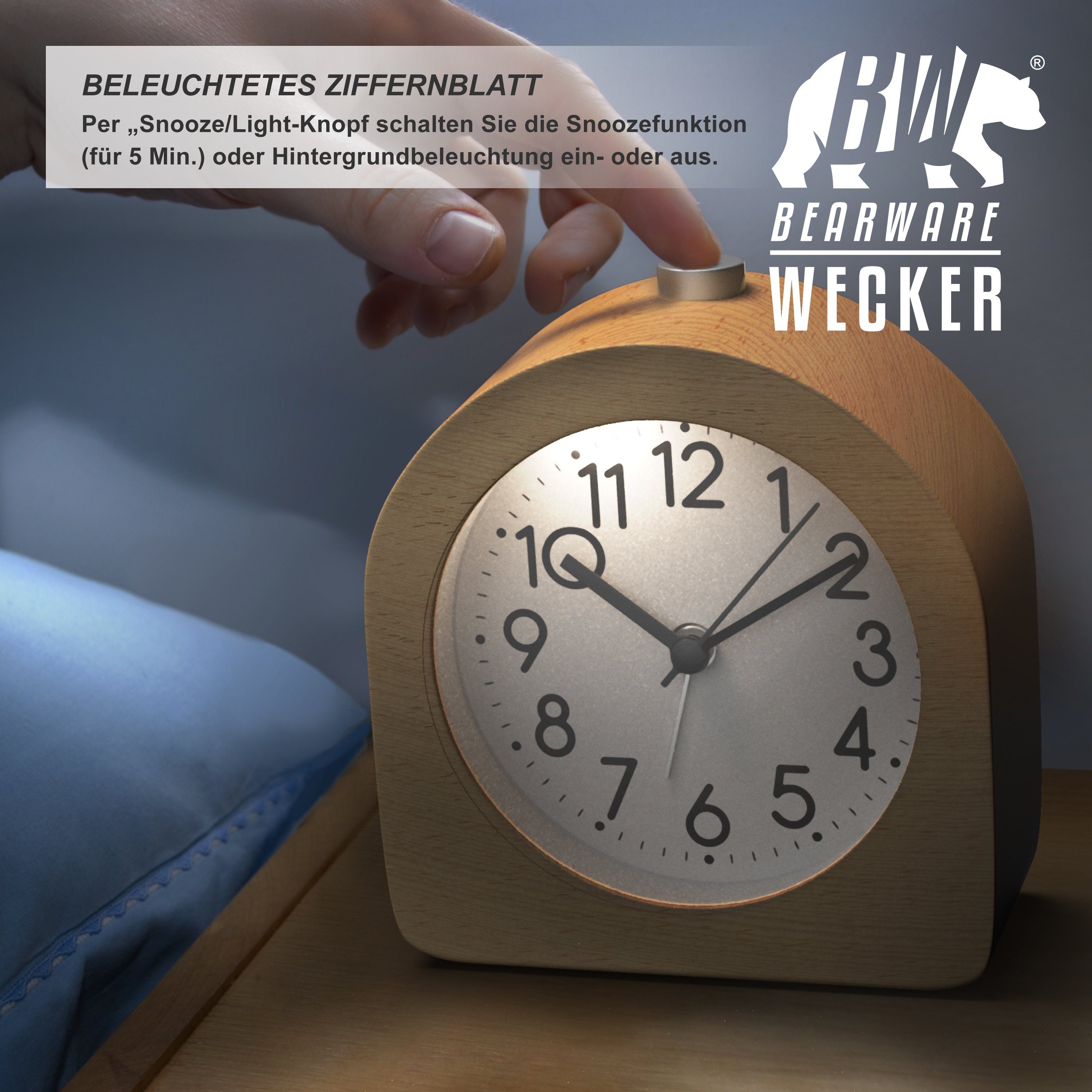 BEARWARE Wecker analoger Reisewecker ohne Ticken mit beleuchtetem Ziffernblatt ansteigender Weckton, kompakt & leicht, Holzoptik, für unterwegs – Bild 3 von 5