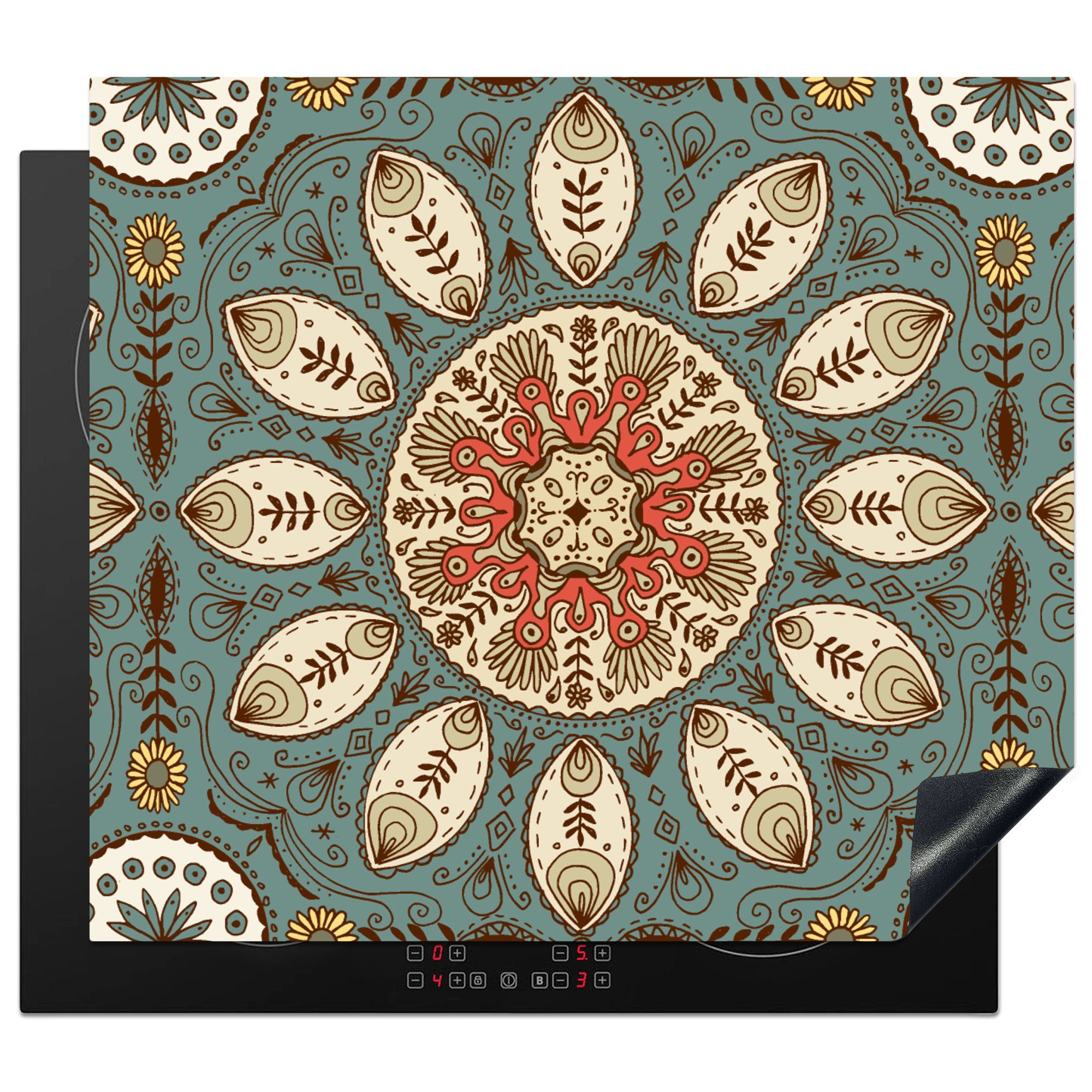MuchoWow Herdblende-/Abdeckplatte Mandala - Retro - Bohème - Muster, Vinyl, (1 tlg), 59x52 cm, Ceranfeldabdeckung für die küche, Induktionsmatte