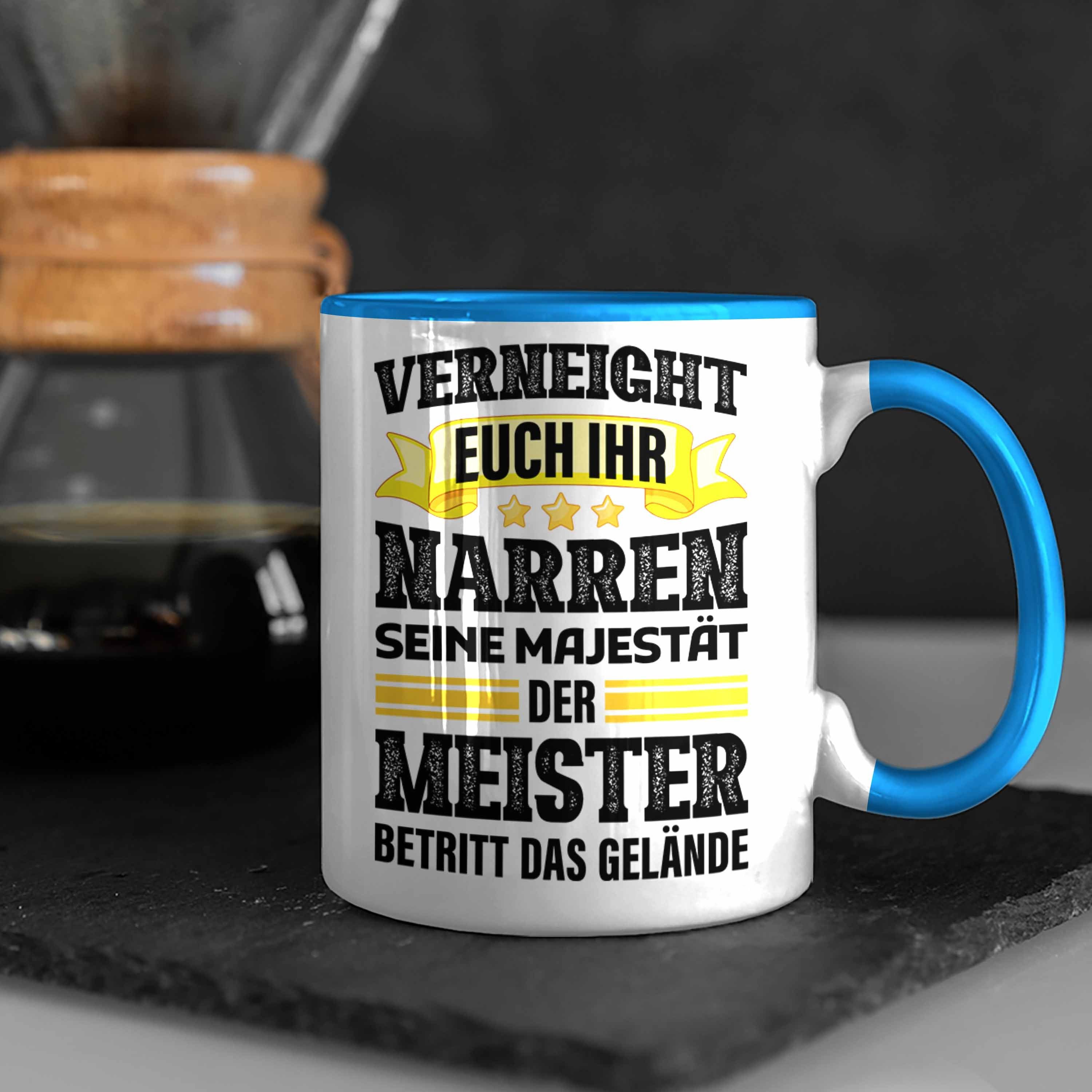 Trendation Tasse Trendation - Meister Prüfung Meisterprüfung Dachdecker Bestanden Tasse Elektronik Elektrotechnik Schreiner Geschenk Blau Maler Mann Metallbauer