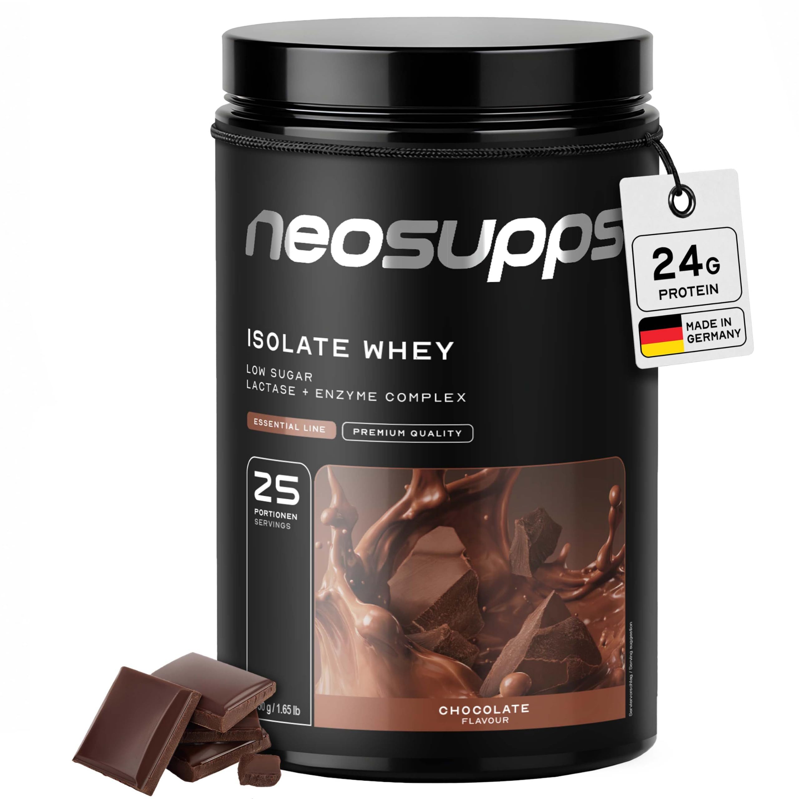 Neosupps Isolate Whey Protein Pulver Chocolate, 25g Protein pro Portion Pulver, 750 g, Eiweiss Shake unter 1g Zucker & Fett, mit Bromelain und Papain
