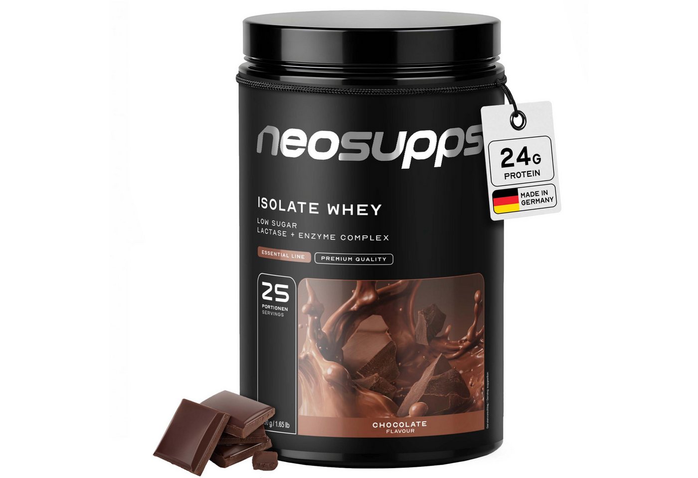 Neosupps Isolate Whey Protein Pulver Chocolate, 25g Protein pro Portion Pulver, 750 g, Eiweiss Shake unter 1g Zucker & Fett, mit Bromelain und Papain