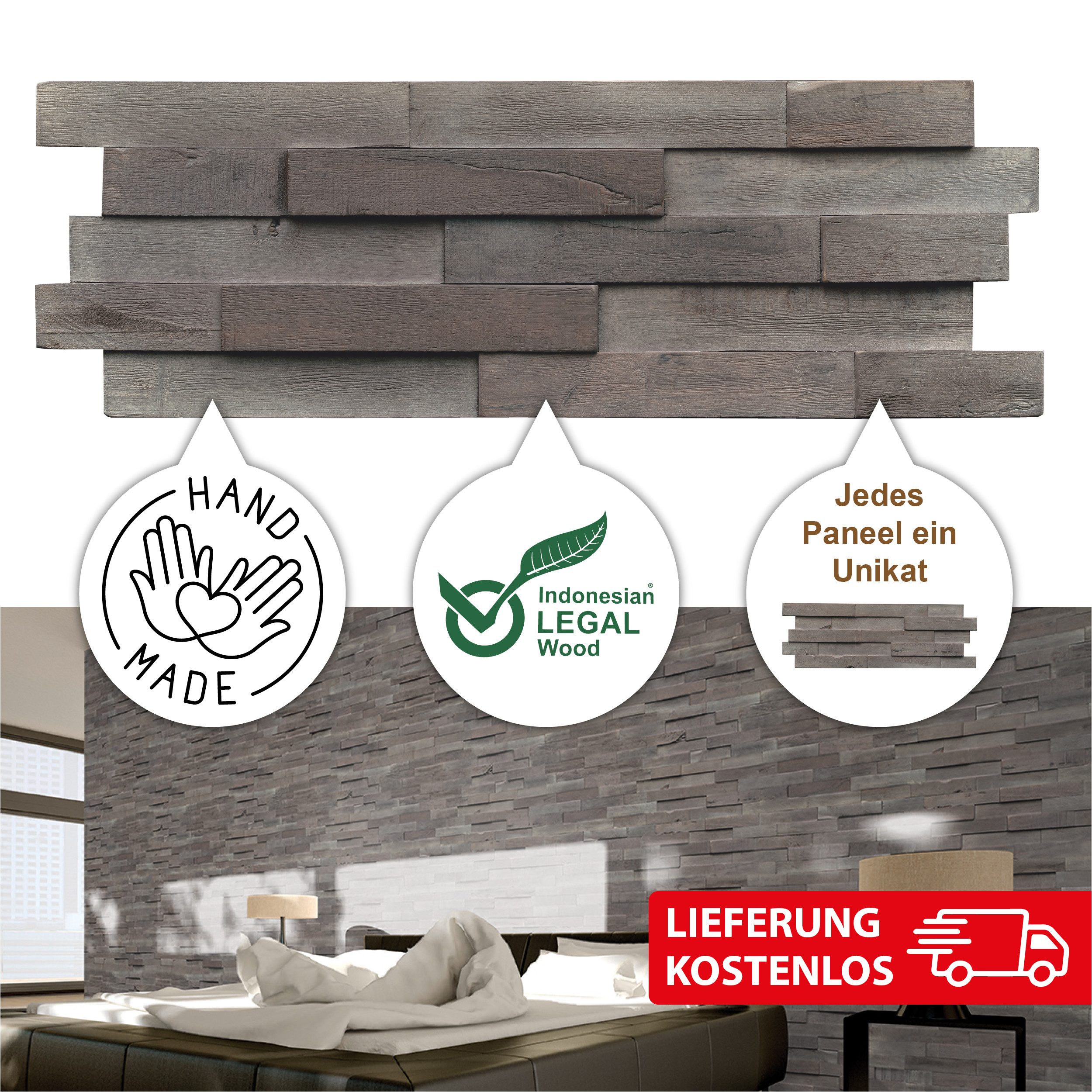INDO 3D Wandpaneel Driftwood Hevea, BxL: 20,00x56,00 cm, 0,11 qm, (Packung mit 1.01 qm, Versandkostenfreie Lieferung) schallreduzierende Wandverkleidung mit 3D-Effekt