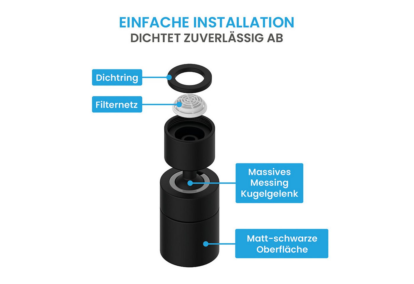 Thumbnail - Bächlein Küchenarmatur Hochwertiger Wasserhahnaufsatz mit 2 Strahlarten (Schwarz-matt) gerader Aufsatz mit 360° Schwenkb...