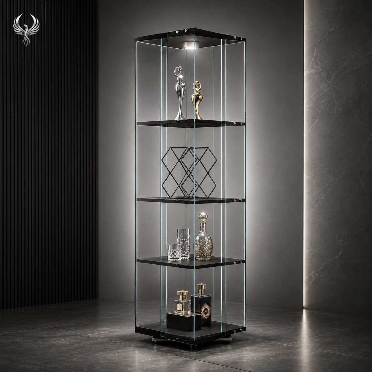 Simurq Glasvitrine mit LED-Touch-Licht und 360° Sockel für Deko und Figuren (1-St., 6 Varianten verfügbar) 360° drehbar, 38 × 38 cm Stellfläche, LED-Touch-Licht