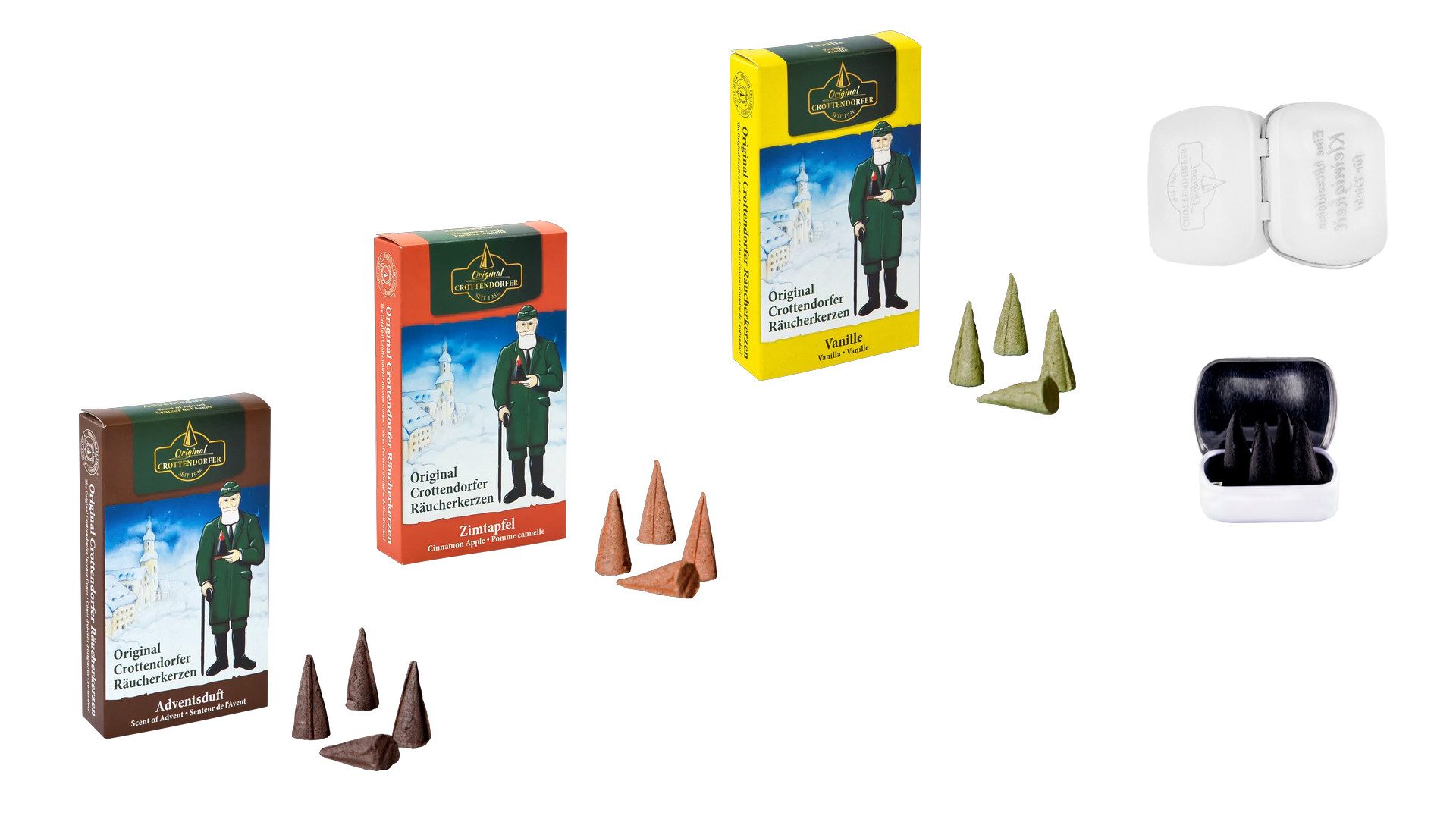 Crottendorfer Duftkerze Räucherkerzen 3er Set - Weihnachtliche Köstlichkeiten + 4 Haamitkerzle, Vanille, Zimt und Advent - für weihnachtlichen Flair - Made in Germany
