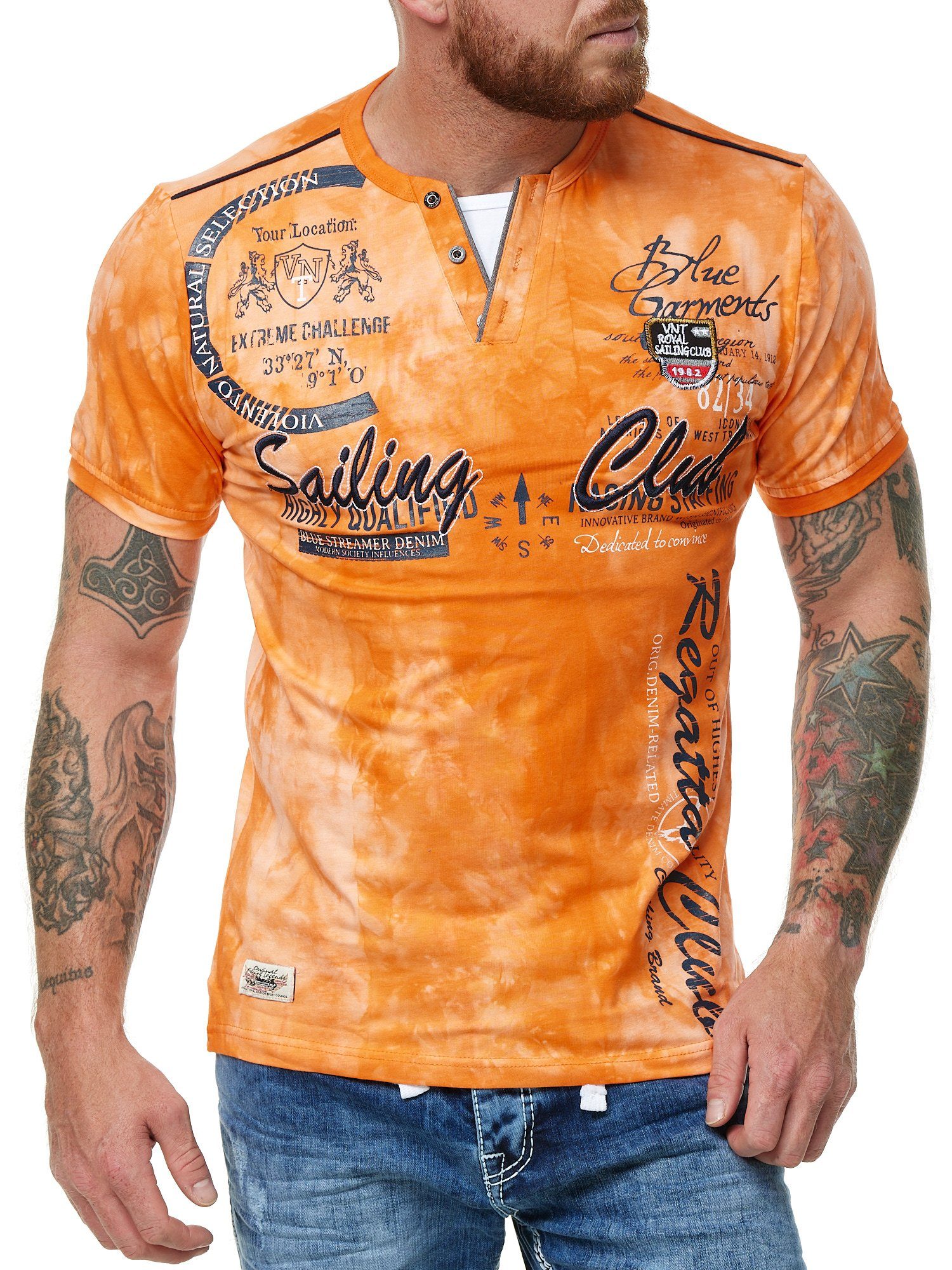 L.gonline Kurzarmshirt Herren T-Shirt mit Knopfleiste, Verwaschen kurzarm m günstig online kaufen