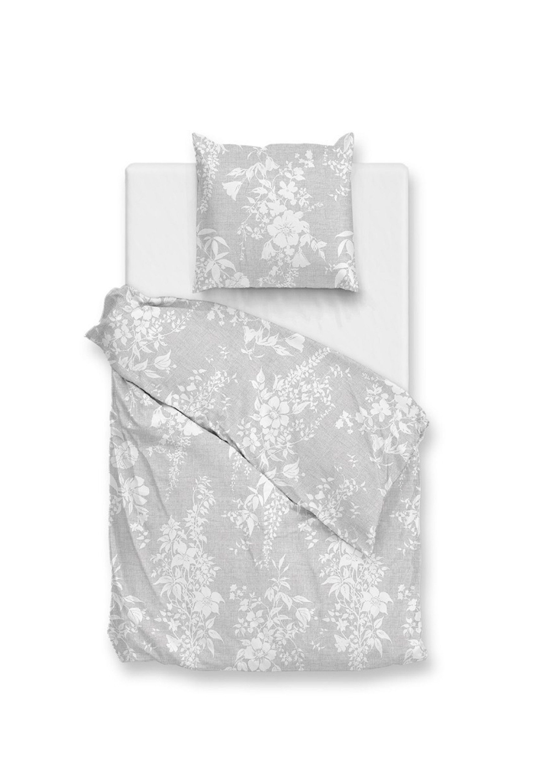 ZO HOME Bettwäsche Zohome Cotton Bettwäsche 135x200 Ibisco di Lino Dove Grey Blumen weiß, Baumwolle, 2 teilig, für den Sommer und Winter