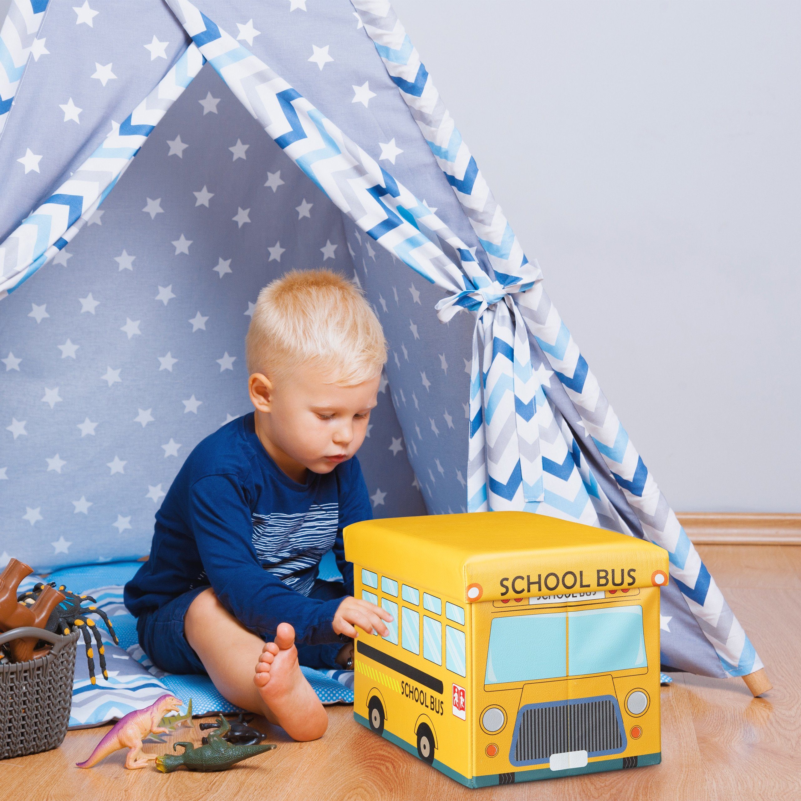 relaxdays Spielzeugtruhe Faltbare Spielzeugkiste mit Stauraum, School Bus