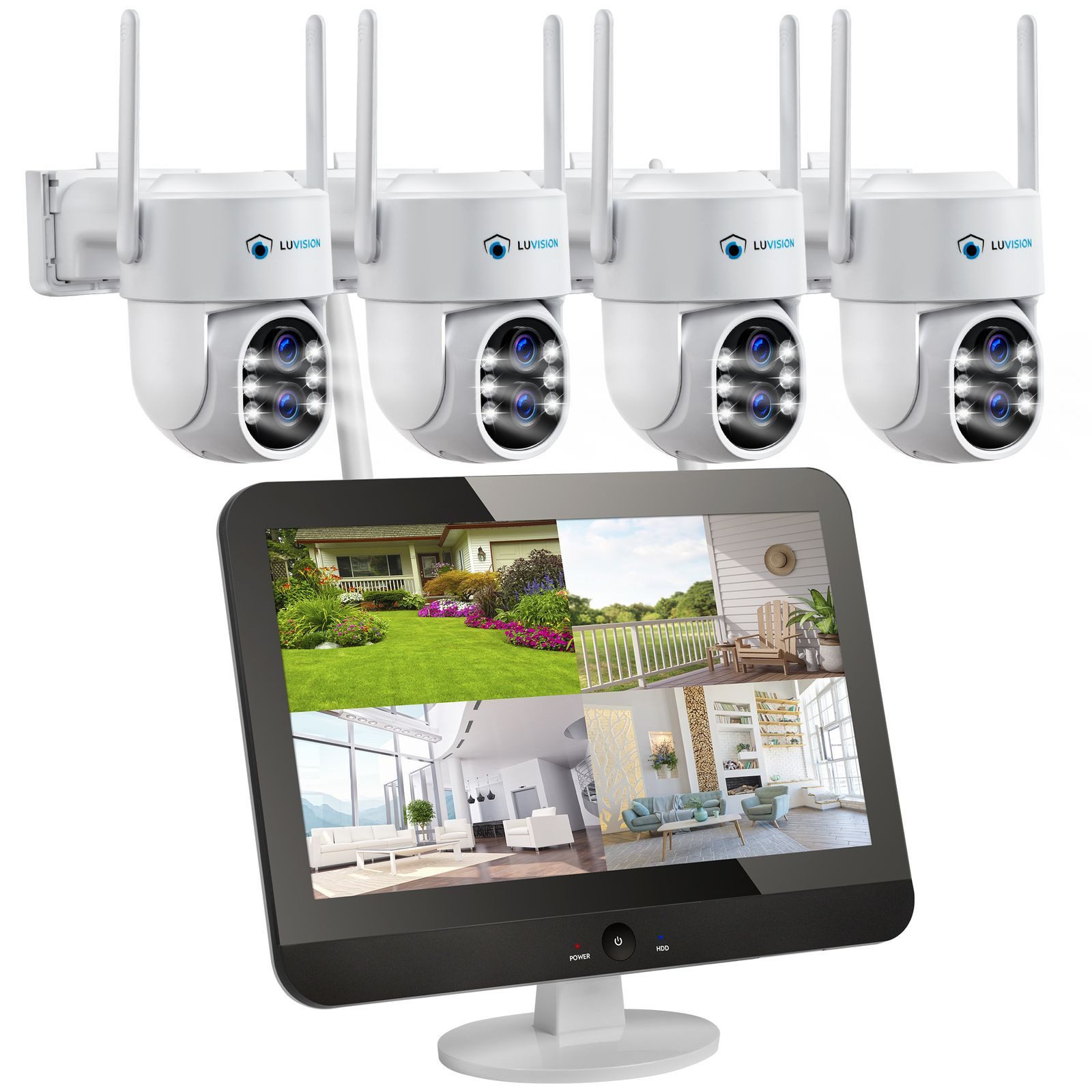 LUVISION Überwachungskamera K8210-W6+PJ2131-W6 4er (Außen- und Innenbereich, 4-tlg., WLAN Funk Überwachungssystem mit 12,5 Monitor Überwachungskamera Set, PTZ, Sirene, Auto-Tracking, KI Person-, Auto-, Tiererkennung, Mikrofon)