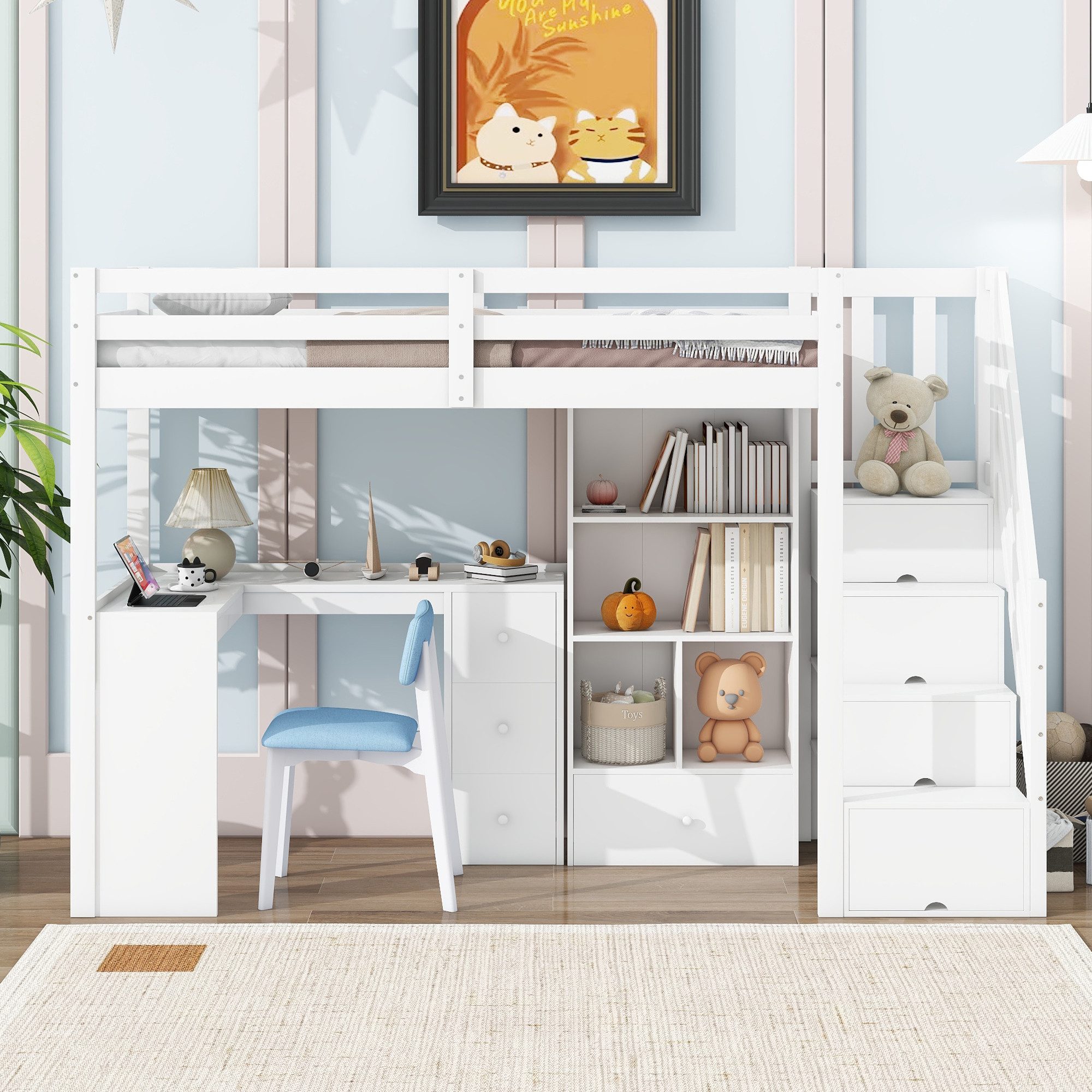 Flieks Hochbett Kinderbett 90x200cm mit Schreibtisch Schubladen Schrank Sta günstig online kaufen