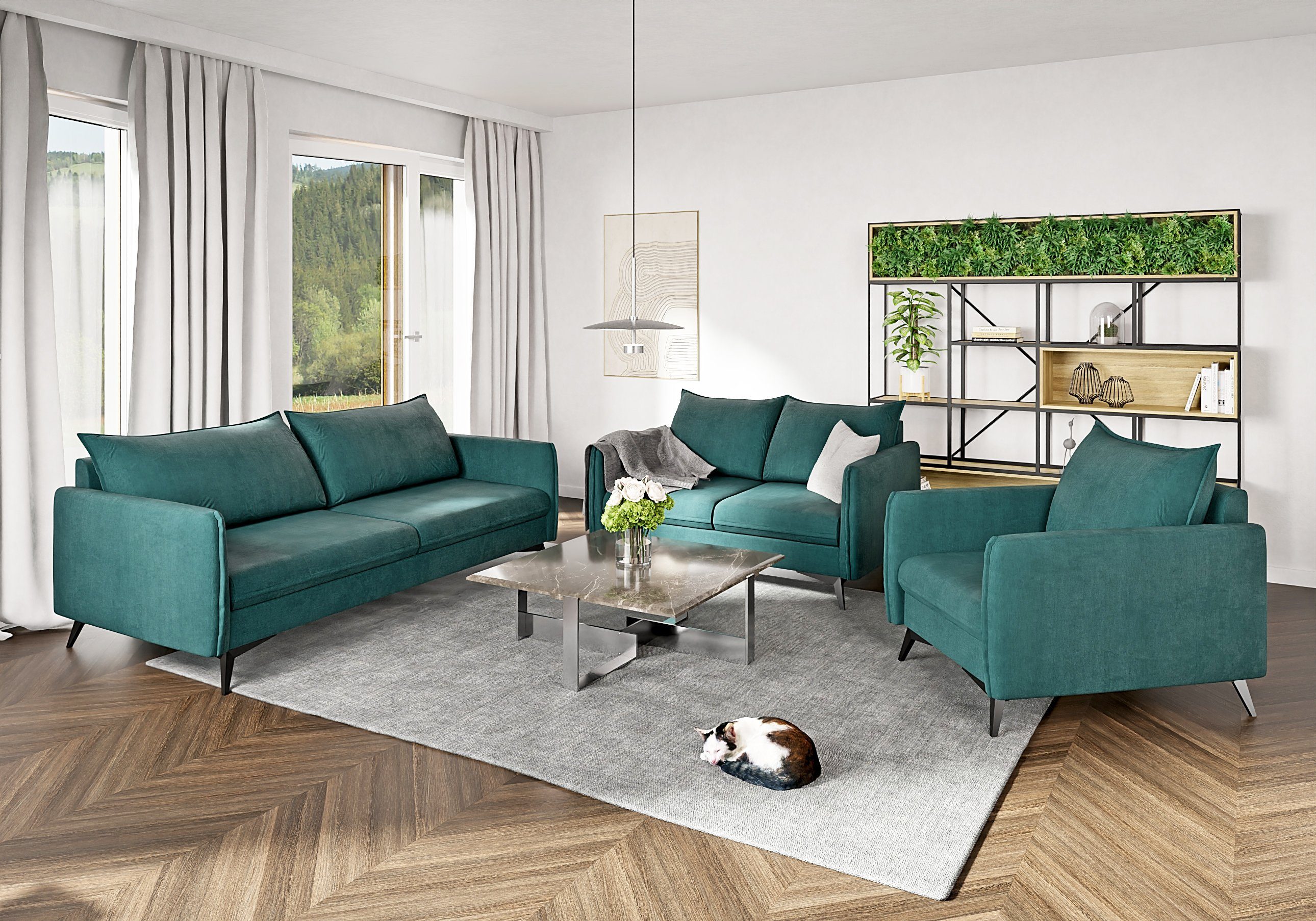 S-Style Möbel Polstergarnitur Modernes 3+2+1 Azalea mit Schwarz Metall Füßen, (1x 3-Sitzer-Sofa, 1x 2-Sitzer-Sofa, 1x Sessel), mit Wellenfederung Türkis