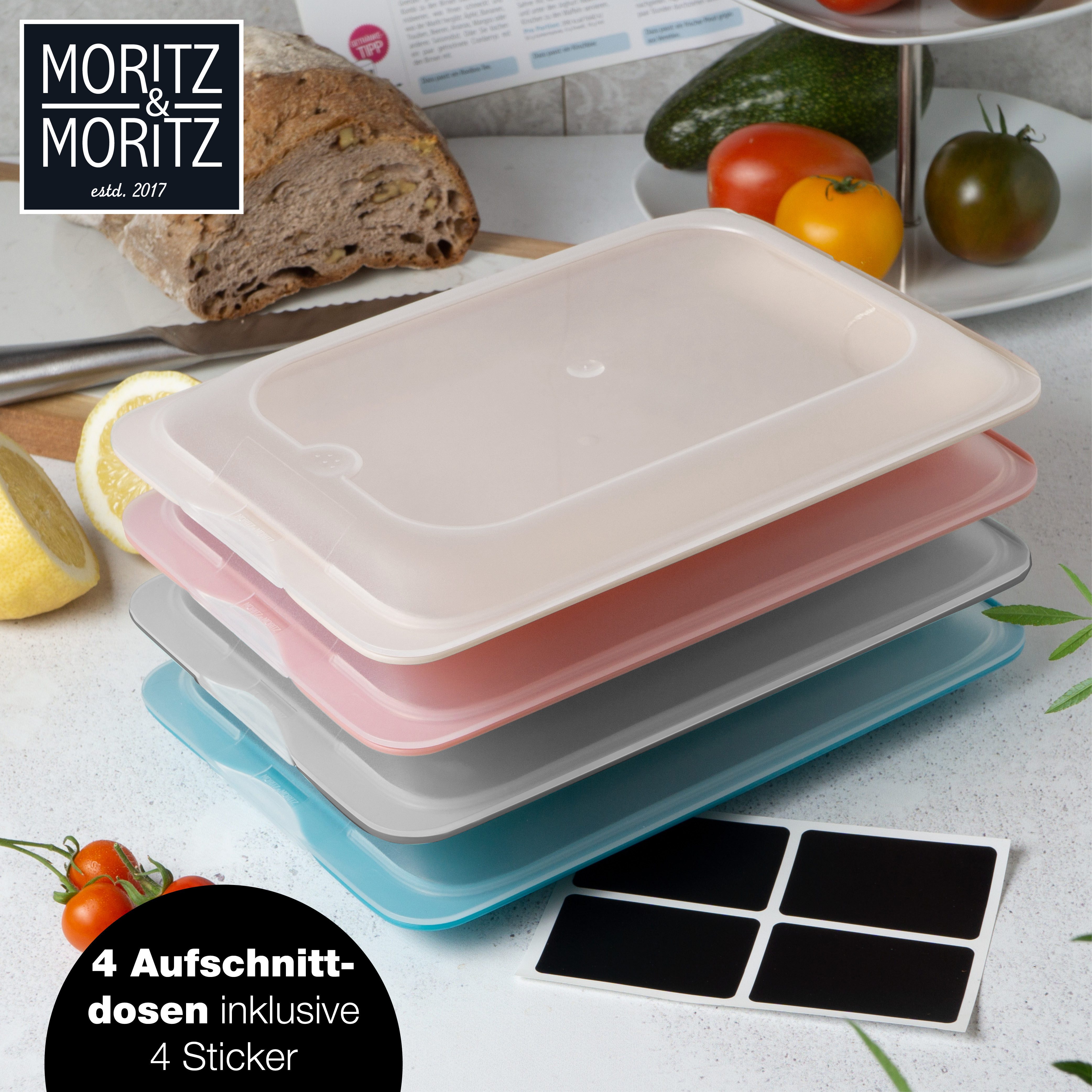 Moritz & Moritz Frischhaltedose 4er Set Aufschnittbox stapelbar - Frischhaltedosen mit Deckel, Kunststoff, (Set, 4-tlg., Set), Inkl. 4 Sticker, mit Deckel für Optimales Frischhalten