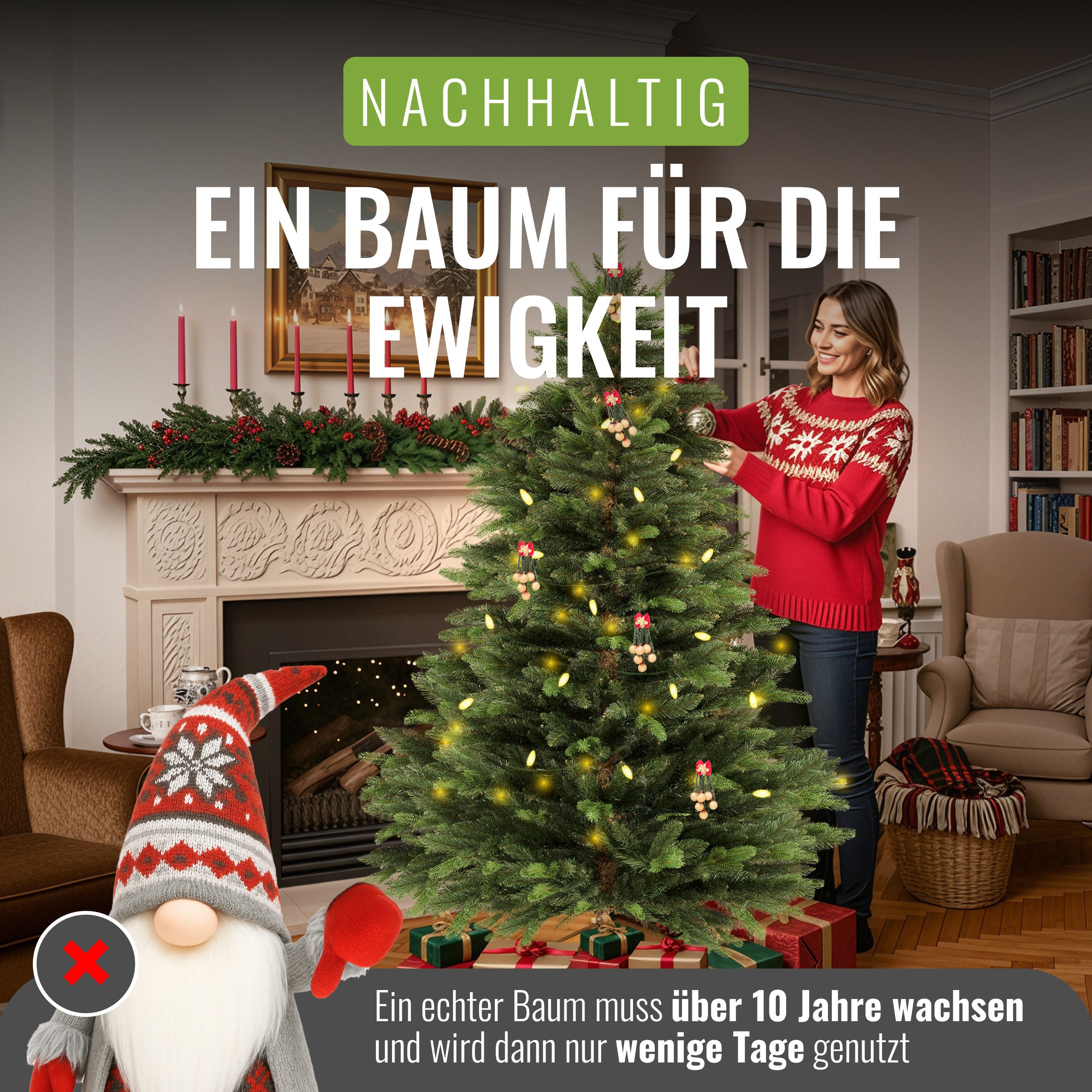 Pflanzwerk® Künstlicher Weihnachtsbaum NORDMANNTANNE Tannenbaum Christbaum Holzständer TESTSIEGER - GARANTIE, Nordmanntanne, Nachhaltig - Zweige aus Spritzguss - Schwer entflammbar