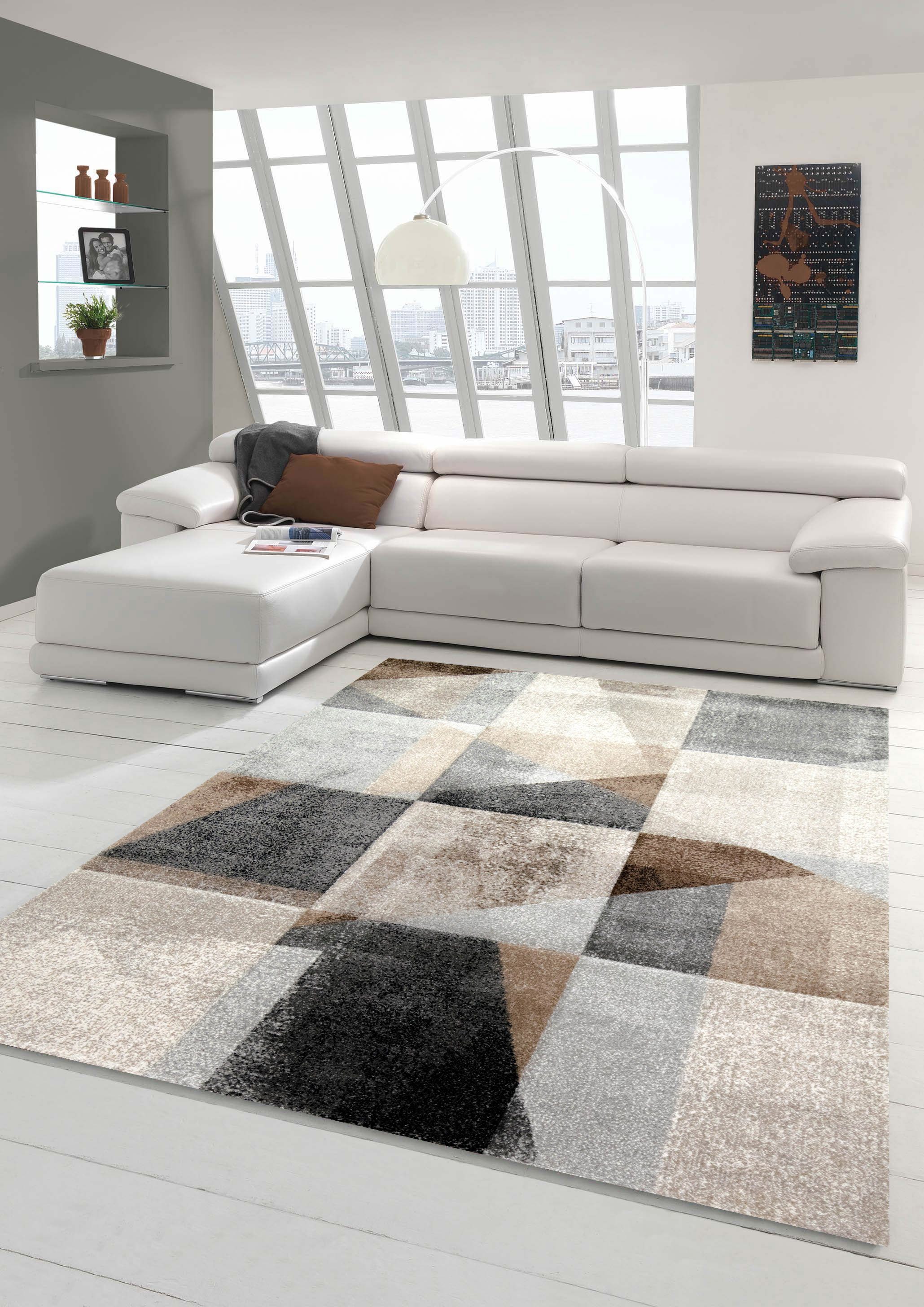 Teppich Moderner Teppich Wohnzimmer Flur abstraktes Karomuster in braun  beige grau schwarz, Teppich-Traum, rechteckig, Höhe: 1.3 mm