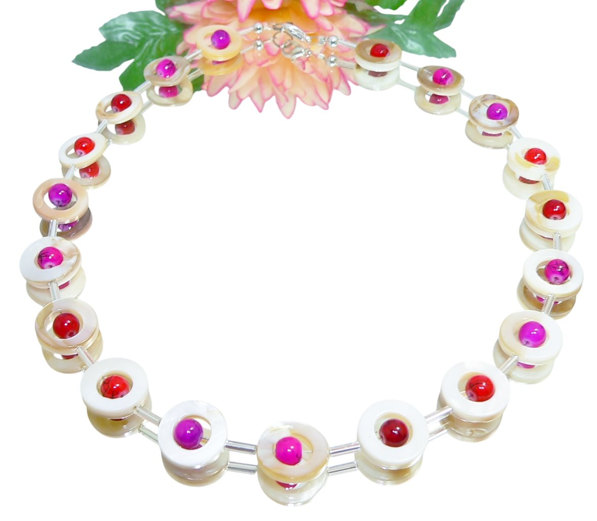 traumschmuck Collier 0353p Collier Perlmutt Donut weiß Perlen rot hellrot pink (inkl Schmuckbox), Made in Germany, handgefertigt
