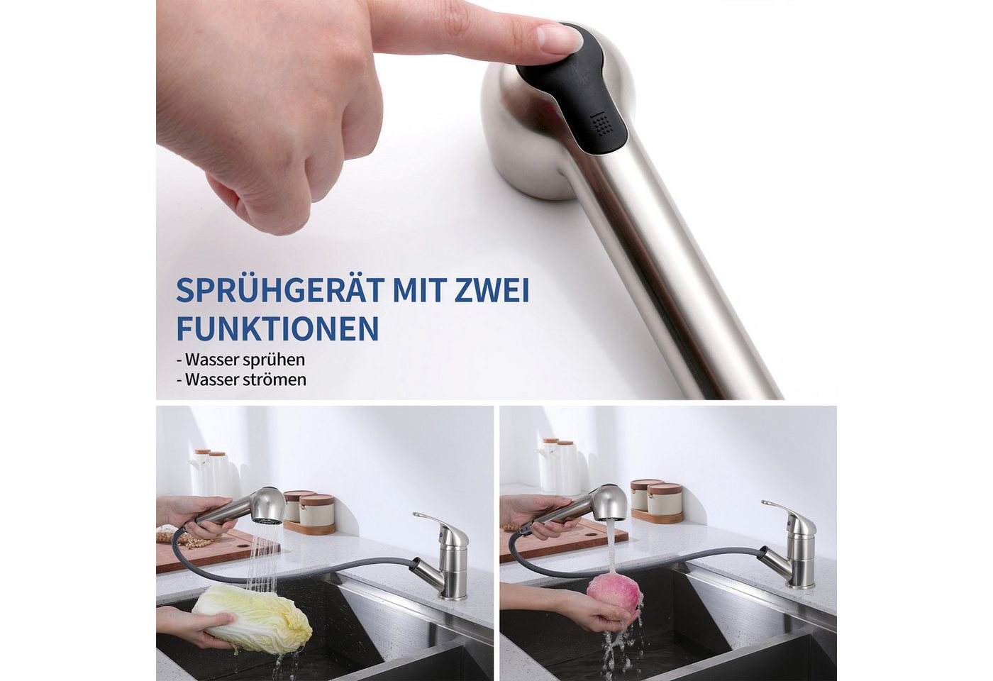 Thumbnail - HOMELIVE Küchenarmatur Hochdruck Wasserhahn Küche 180° Küchenarmatur mit Ausziehbarer (1-St) Mischbatterie mit Dual-Spül...