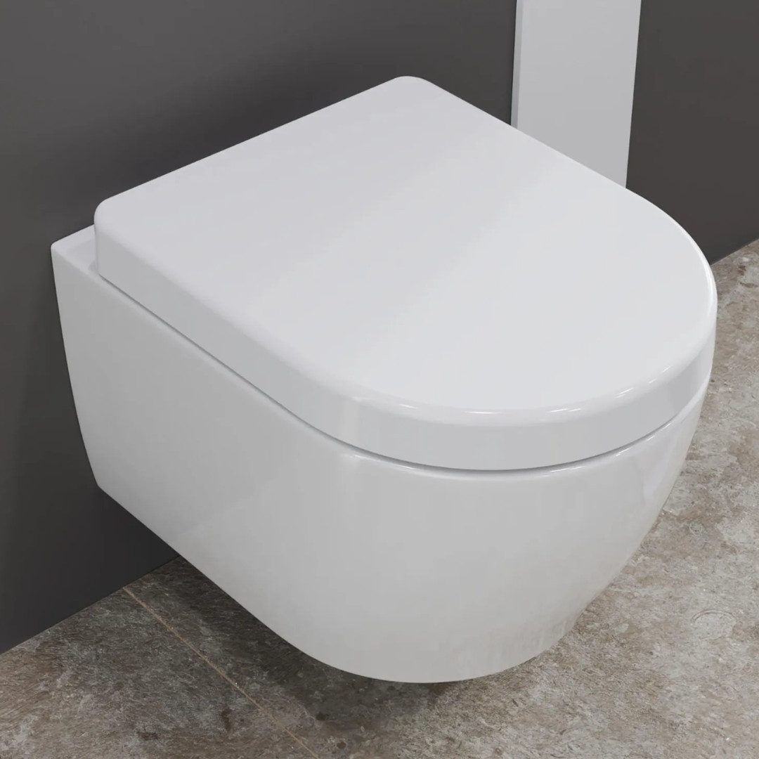 Aqua Bagno Tiefspül-WC spülrandlose Toilette mit WC-Sitz weiß kurzes WC Wand-WC, wandhängend, Abgang waagerecht