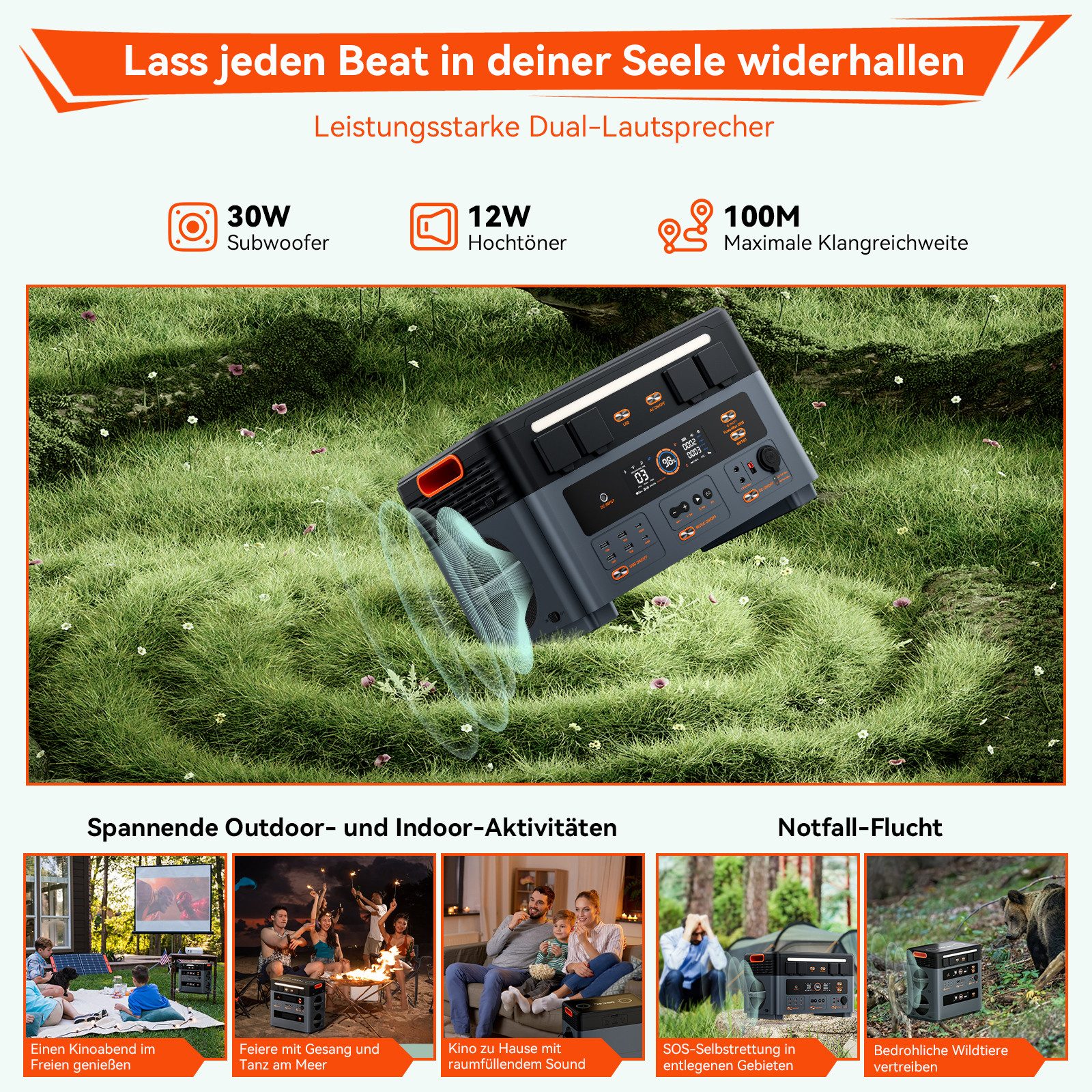 OSCAL Stromerzeuger Powerstation 2016Wh 2400W LiFePO4 Speicher für Zuhause & Notstrom, 2,4 in kW, (1-tlg), 2-in-1 Balkon-Solar, kabellos stackbar,Bluetooth-Laut – Bild 5 von 5