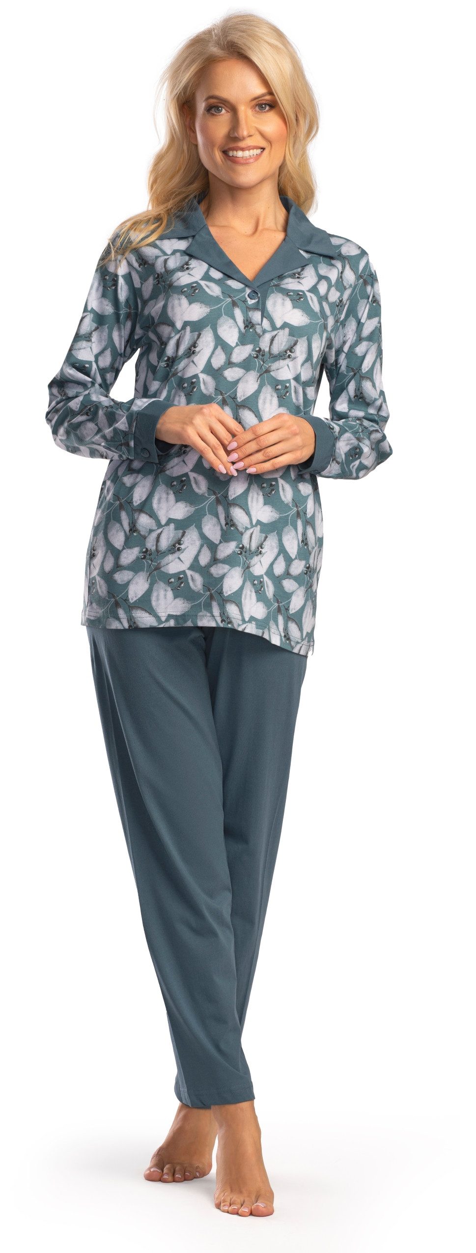 Pyjama Damen Langarm Pjama, Schlafanzug mit Reverskragen