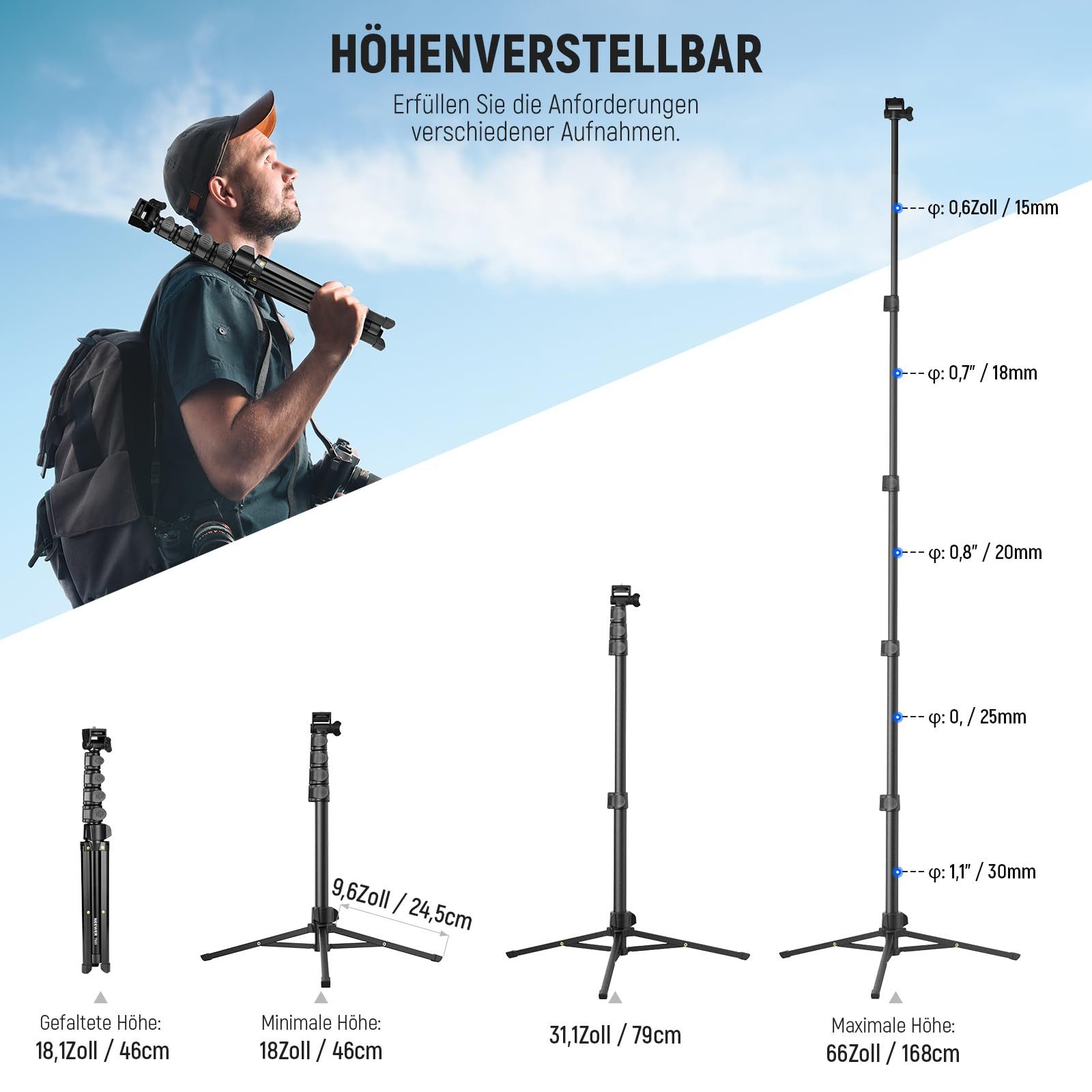Neewer TS03 Metall Selfie Stick 66" mit Fernbedienung für iPhone & Kamera Handstativ (höhenverstellbar von 46 bis 168 cm)