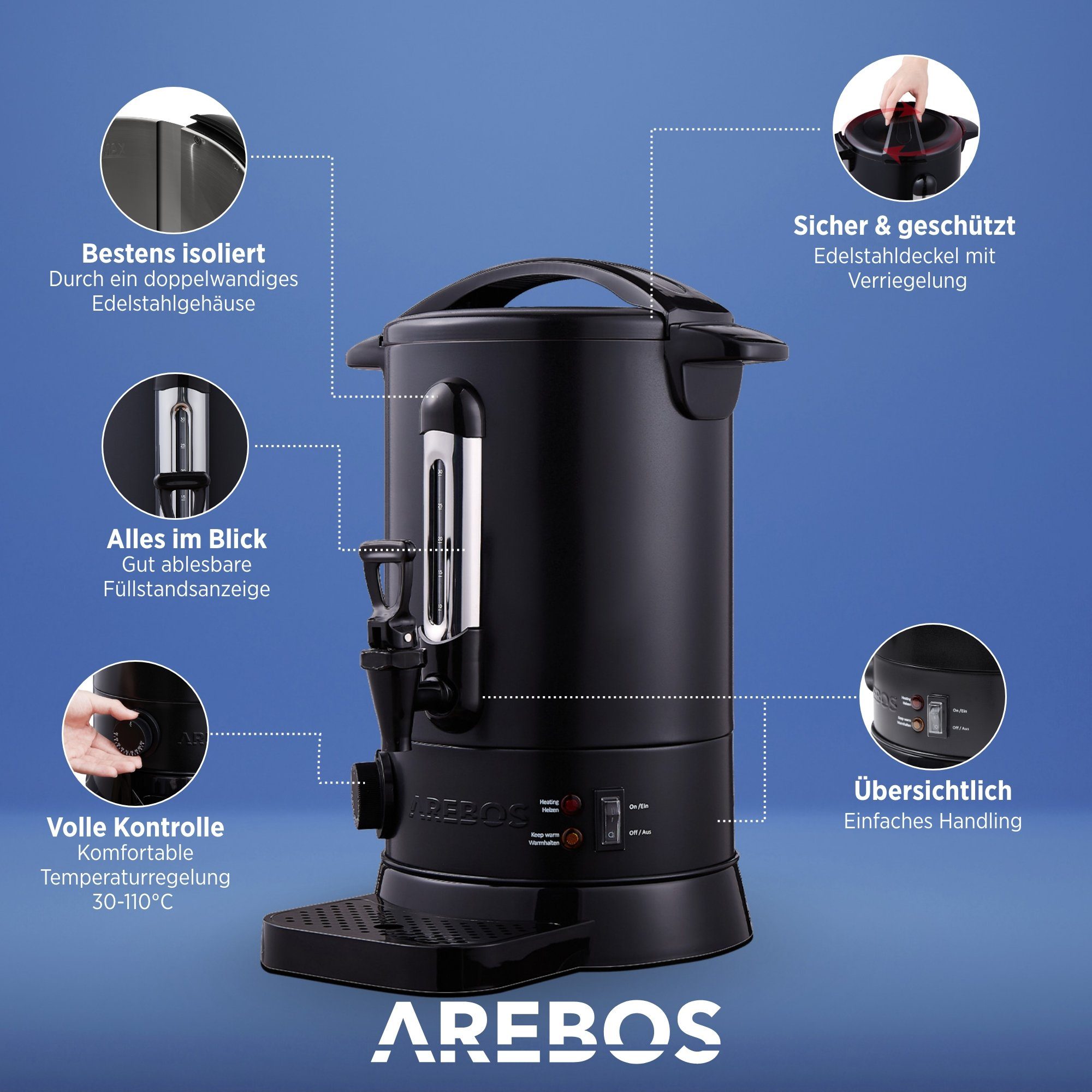 Arebos Heißgetränke- und Glühweinautomat 6,8 L mit Überhitzungsschutz, 30–110 °C, 3 Farben, 950,00 W