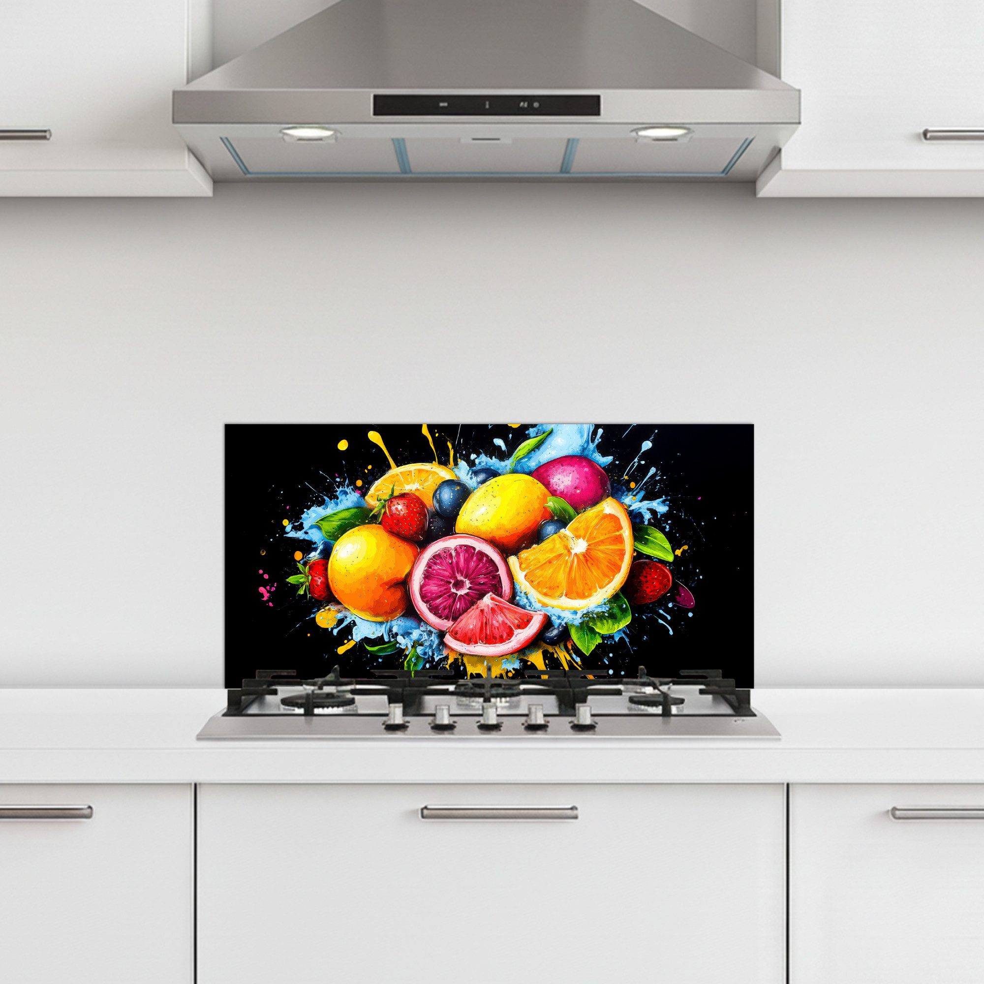 KitchenYeah Küchenrückwand selbstklebend (keine Folie) Obst - Graffiti - Bunt - Orange - Erdbeere, (1-tlg), Küchenrückwand, Spritzschutz, Kitchen, 60x30 cm
