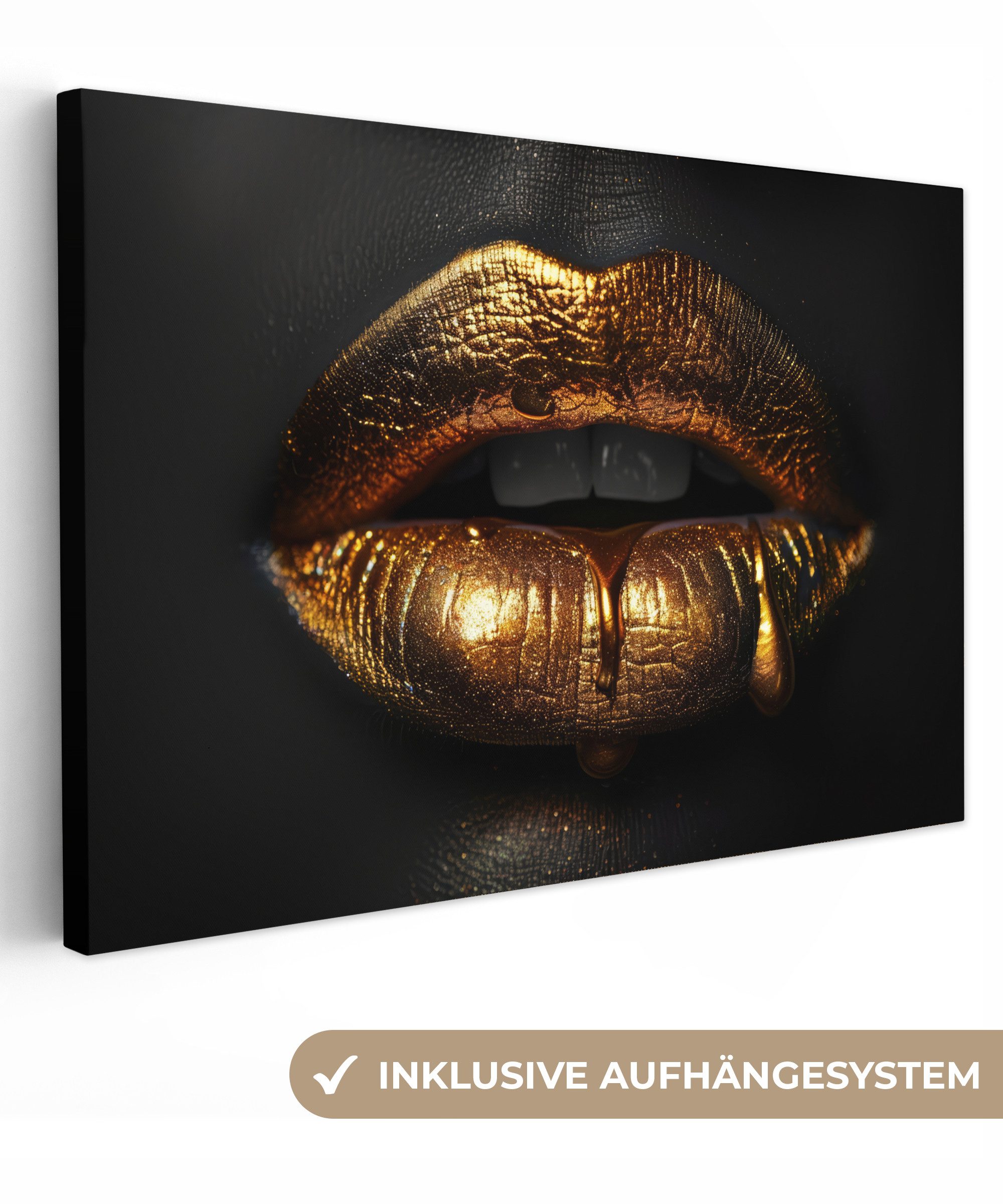 OneMillionCanvasses® Leinwandbild Lippen - Gold - Abstrakt - Schwarz - Ästhetisch, Fotodruck (1 St), Leinwand Bilder Klein, Wand Dekoration Aesthetic 30x20 cm