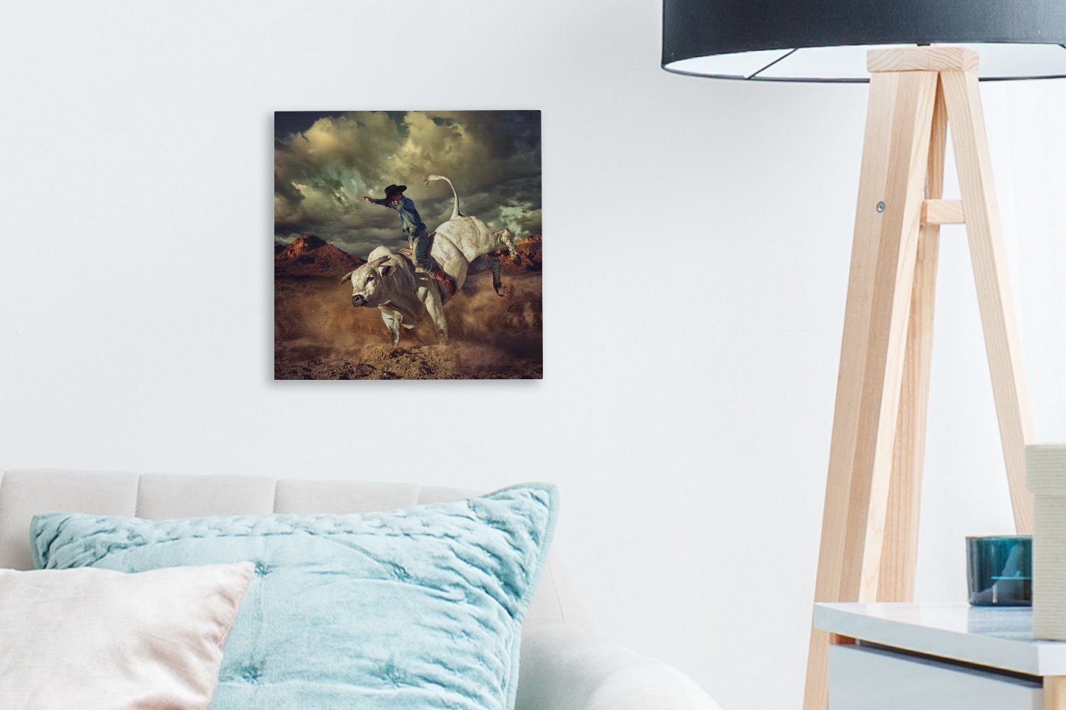 einem Ein (1 Schlafzimmer für Wohnzimmer Bilder OneMillionCanvasses® St), auf Stier, Cowboy Leinwand Leinwandbild