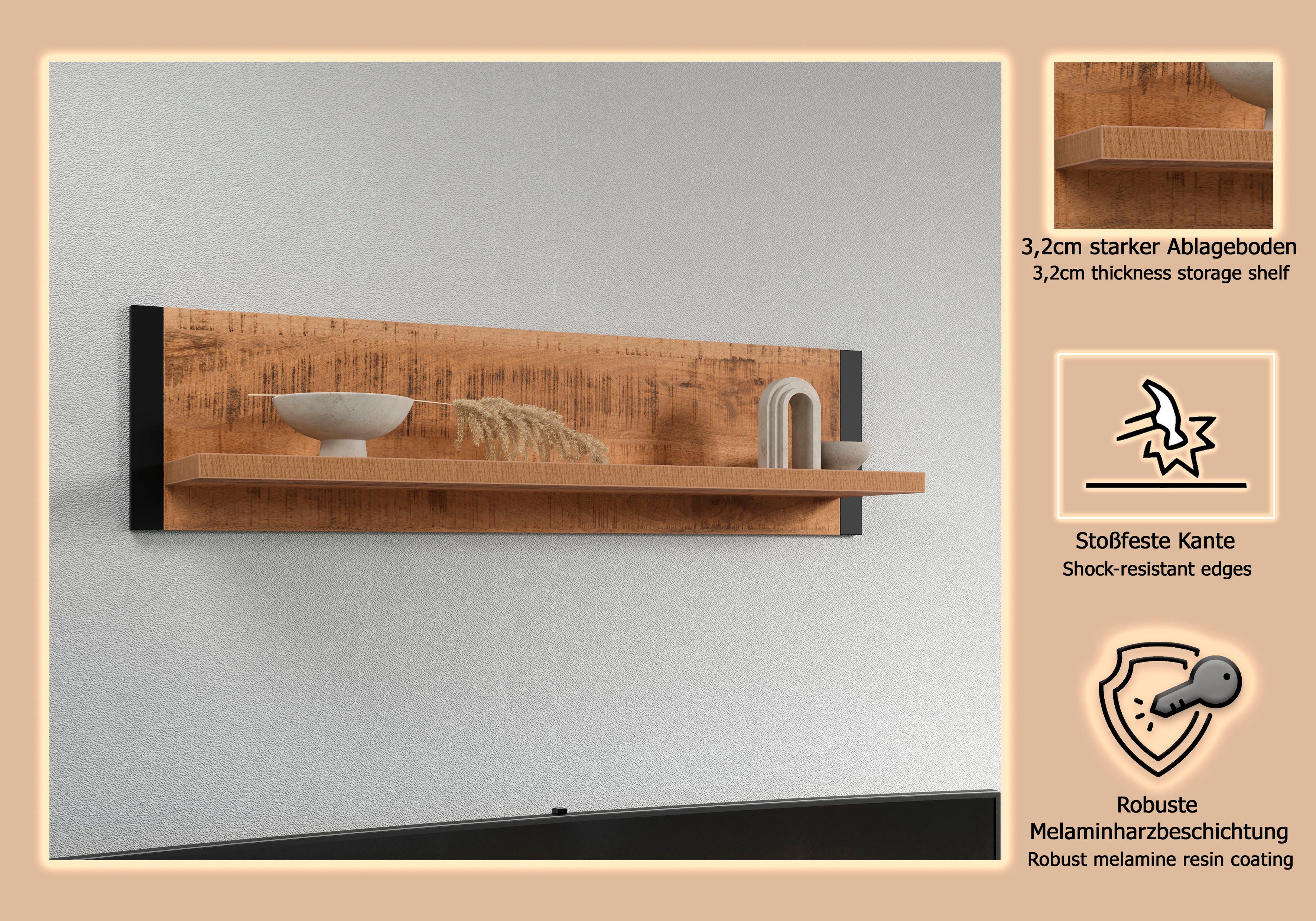 Home affaire Wandregal Elda, 1-tlg., Wandboard für Dein Wohnzimmer oder Flur – (B/T/H) 110/23/28 cm