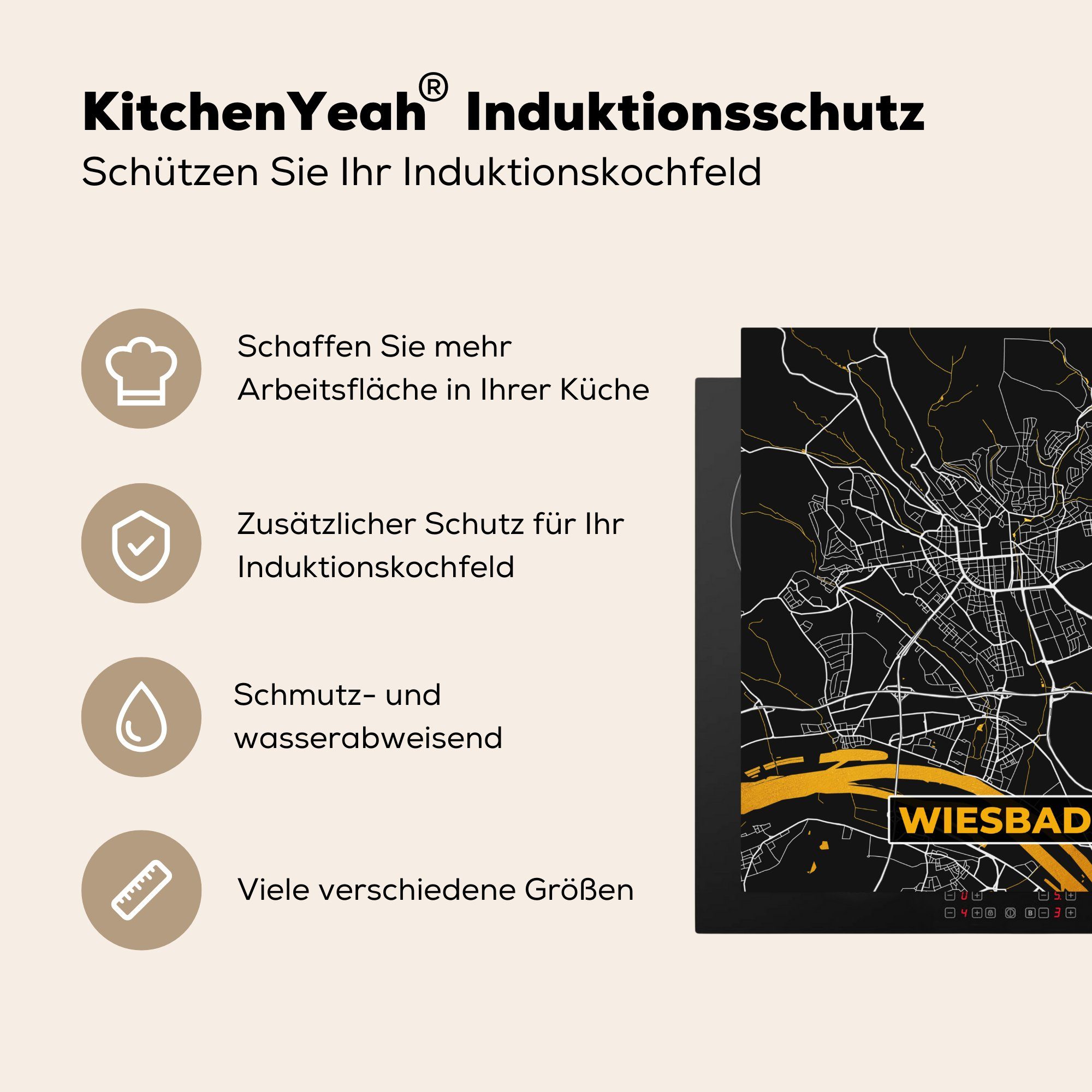 - MuchoWow Vinyl, Arbeitsplatte Karte Ceranfeldabdeckung, küche Gold - tlg), Wiesbaden cm, - Stadtplan, für (1 78x78 Herdblende-/Abdeckplatte Deutschland -