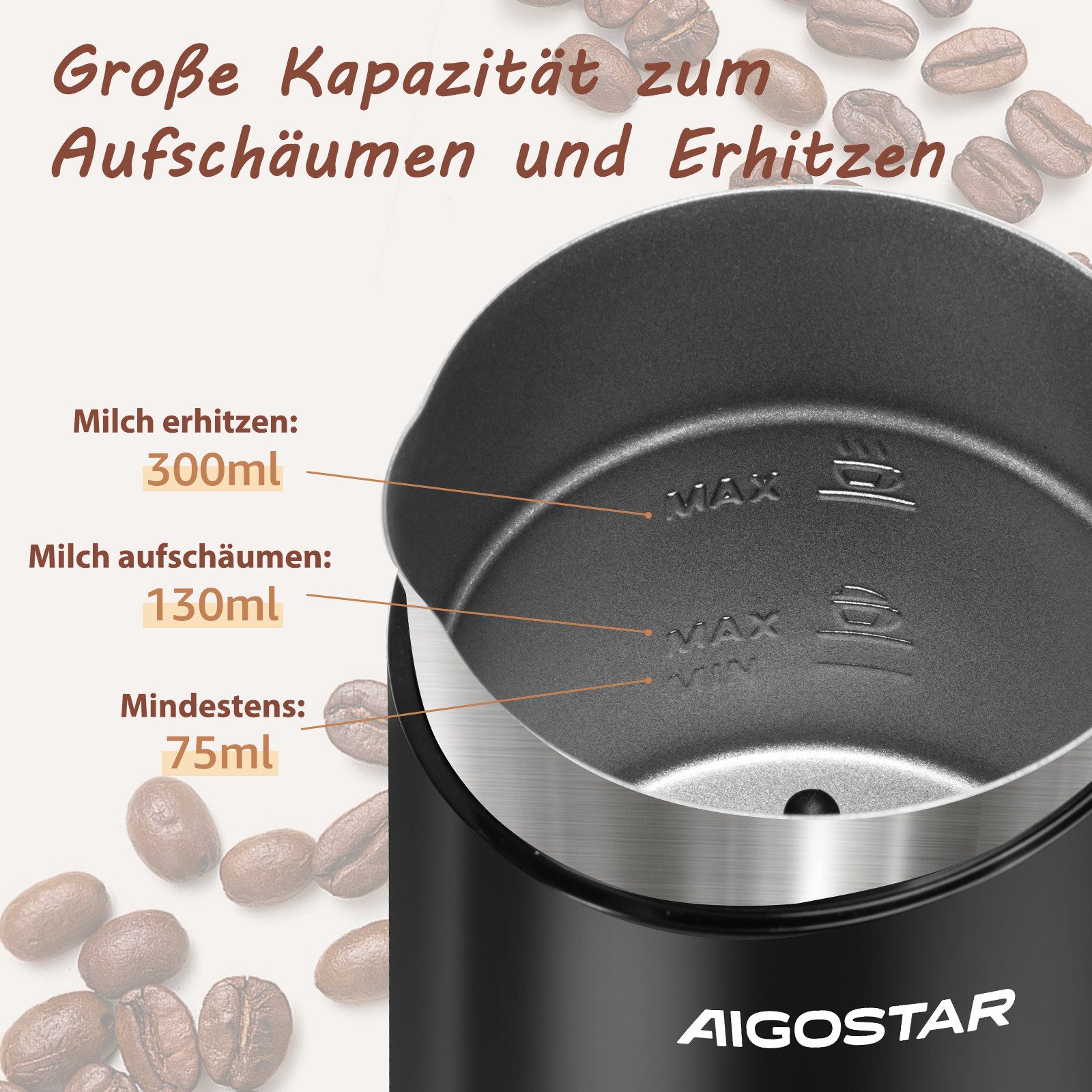 Aigostar Milchaufschäumer 4 in 1 Milchaufschäumer Elektrisch 500W, 300ml Edelstahl