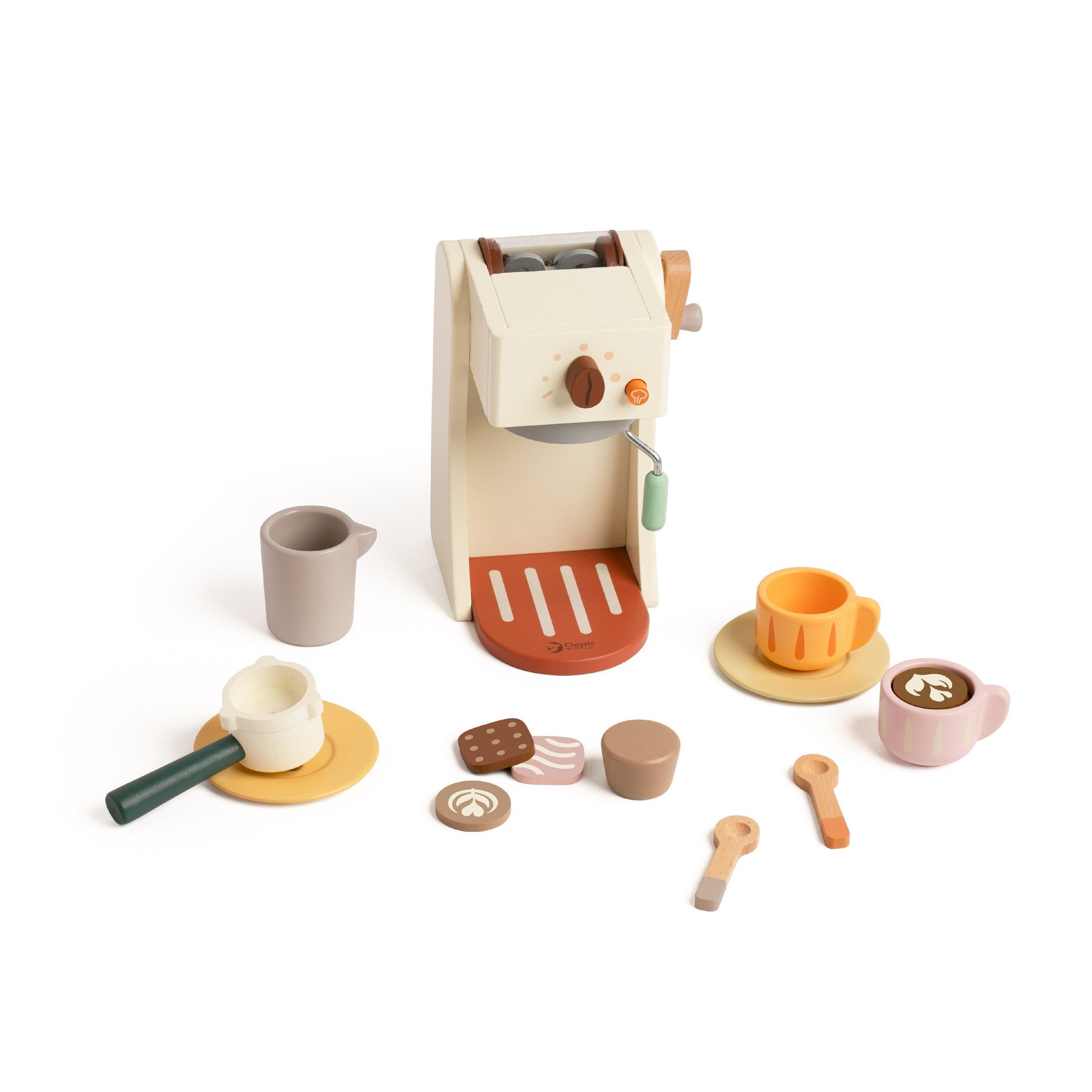 Classic World Kinder-Kaffeemaschine Classic World - Espressomaschine - 13,4x14,7x19,2 cm - 3Y+, (14-tlg., aus Holz mit viel Zubehör), aus Holz mit viel Zubehör