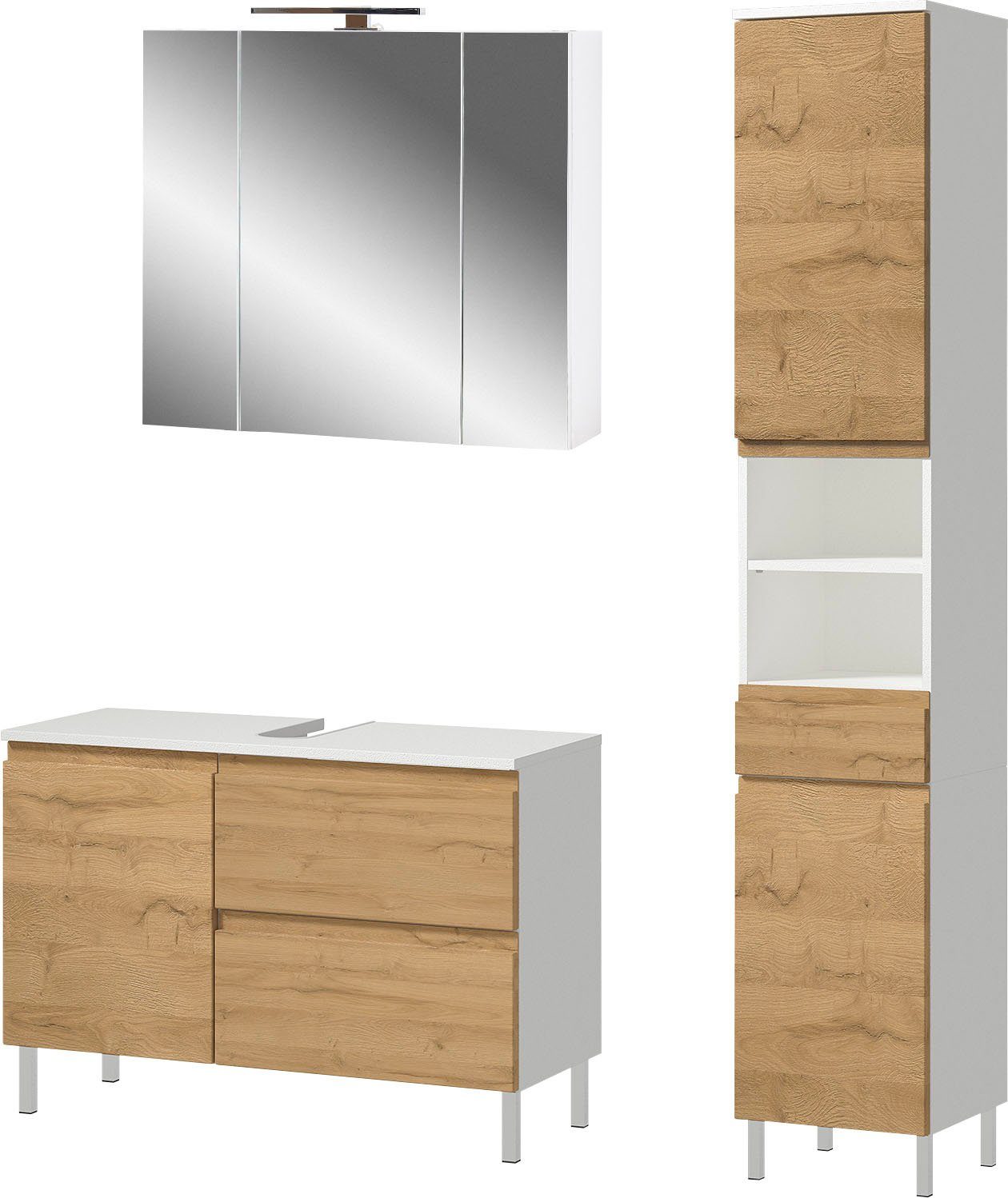 GERMANIA Badmöbel-Set Torrance, (3-St), Waschbecken-Unterschrank, Spiegelschrank mit Beleuchtung, Hochschrank