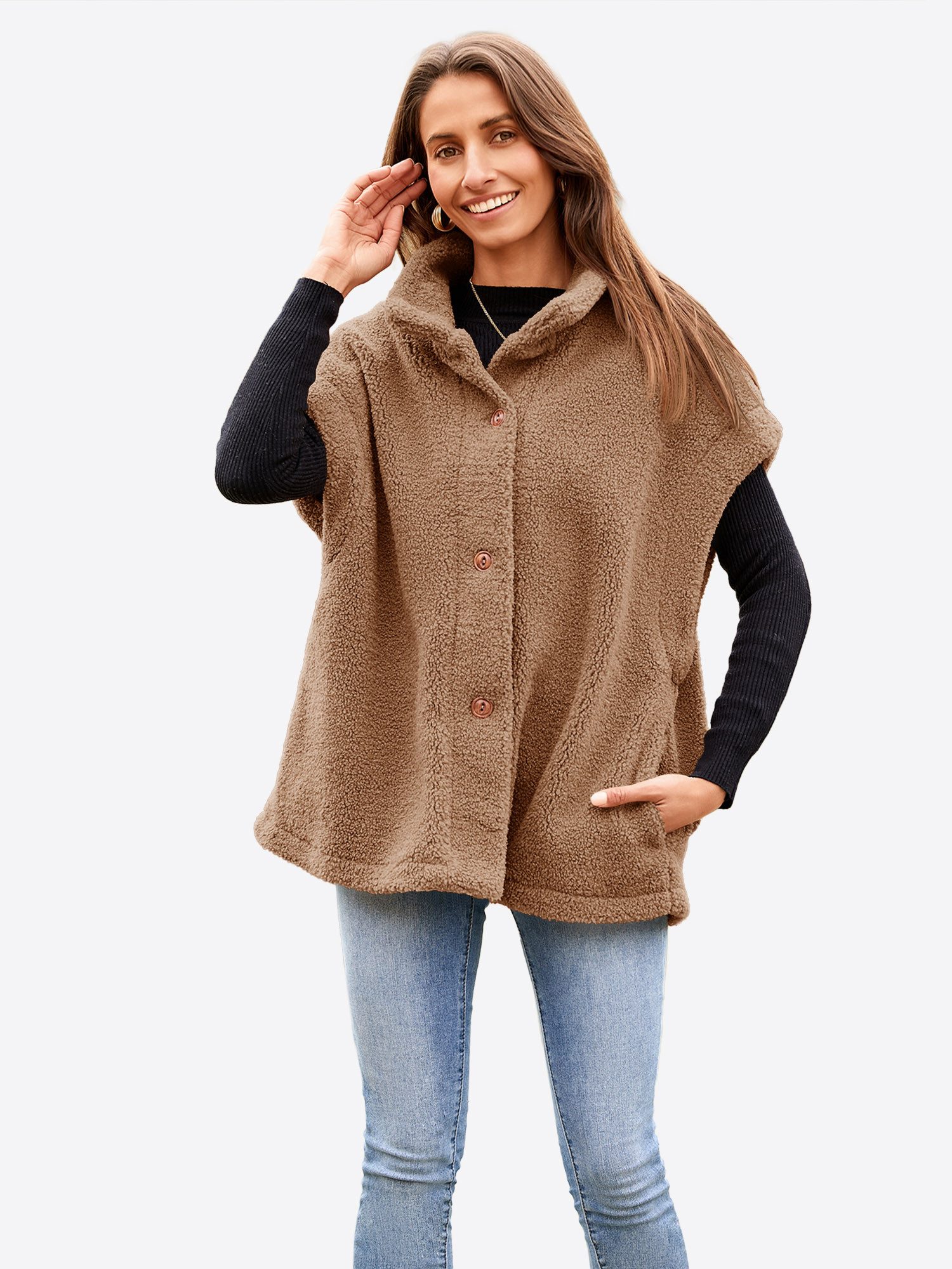 Imily Bela Plüschweste Damen Sherpa-Weste mit Knopfleiste (Packung, 1-tlg., 1per-Pack) Einschubtaschen