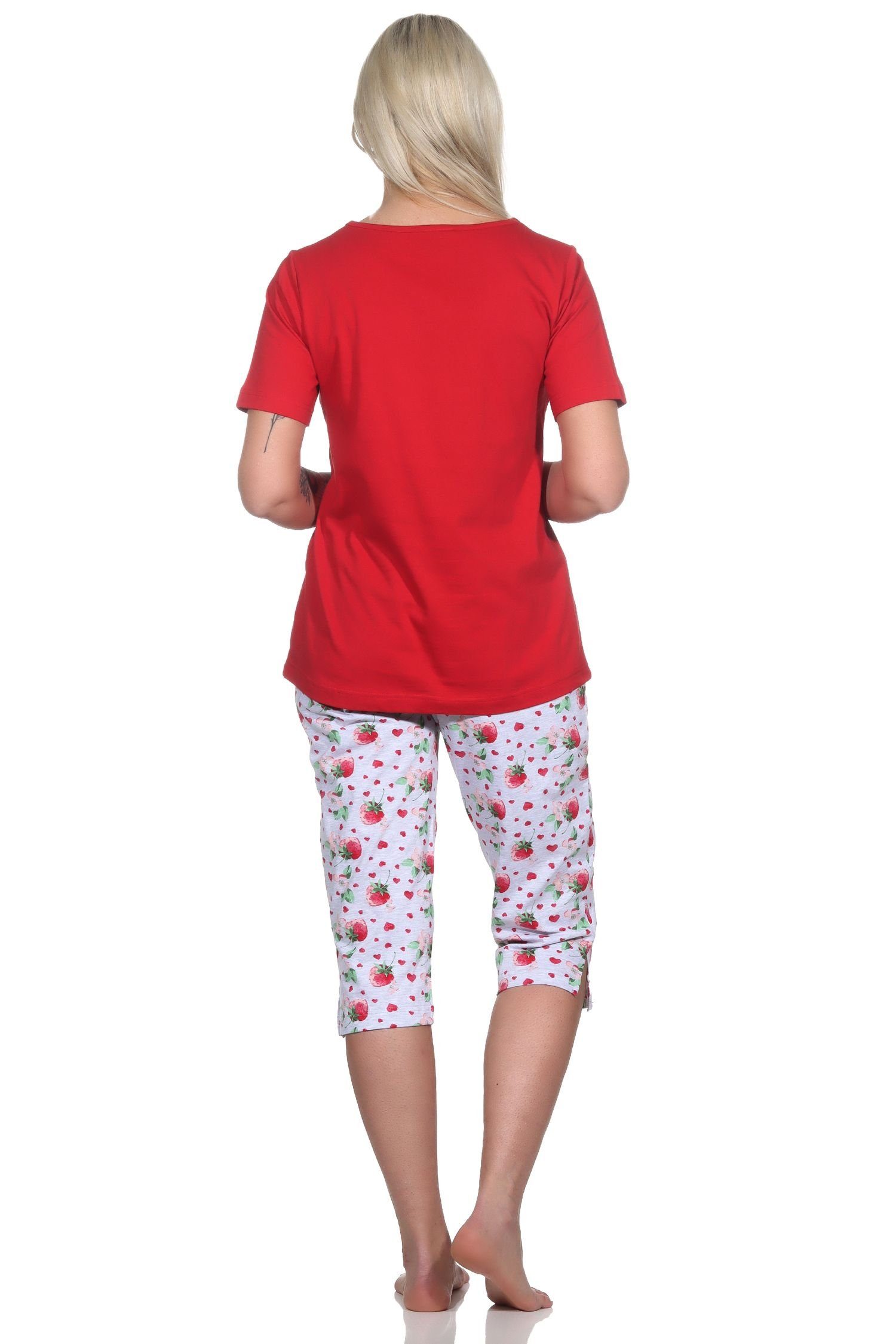 mit als kurzarm rot Süsser Damen Erdbeeren Motiv Normann Pyjama Schlafanzug Capri