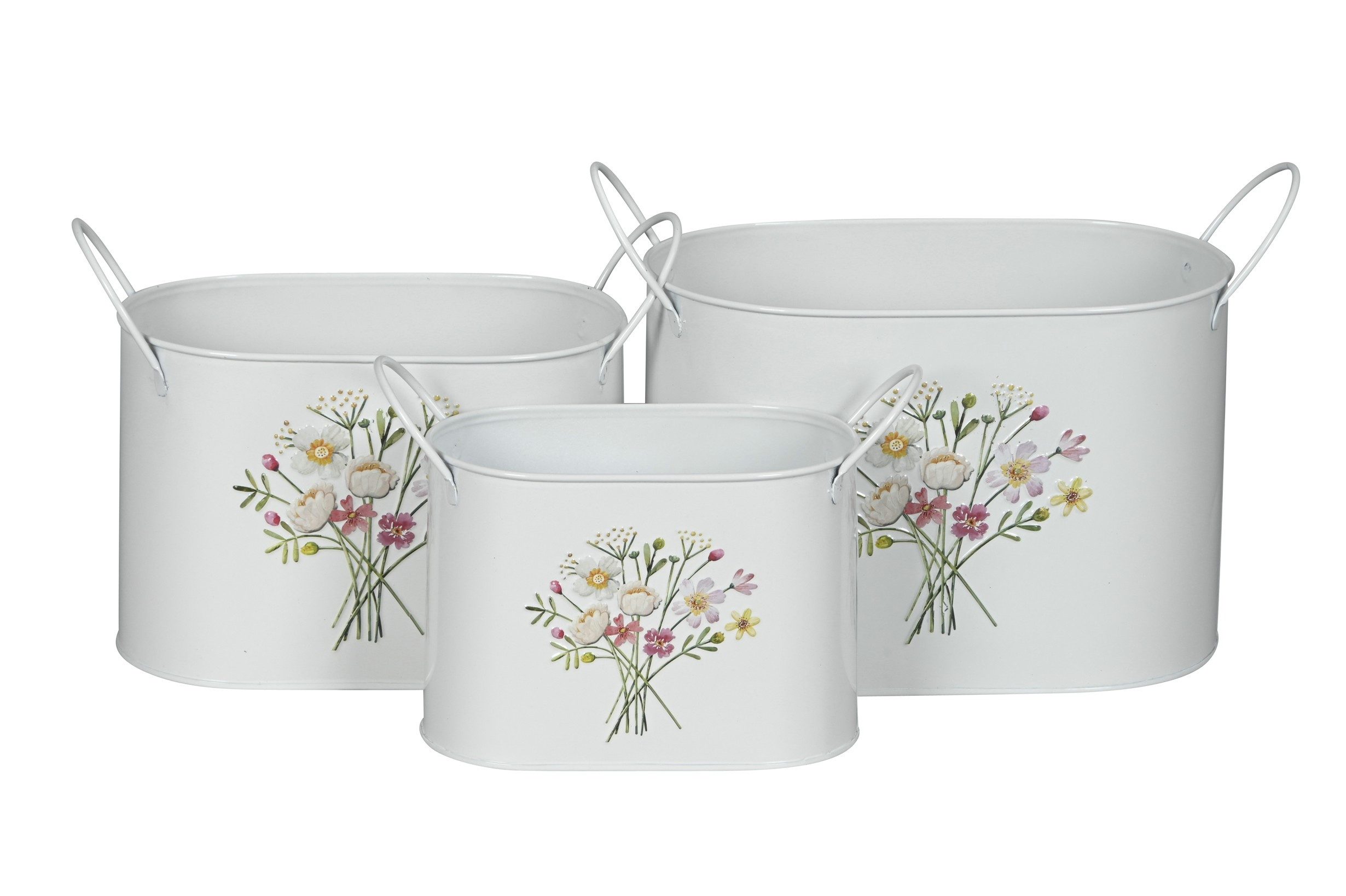 finehomegarden Blumentopf Schale mit Griff oval Blumen bunt Set 3-teilig Metall Dekoschalen (3 St), 16x9xH11 / 20x11xH13 / 23x13xH15 cm Wohn- & Tischdekoration