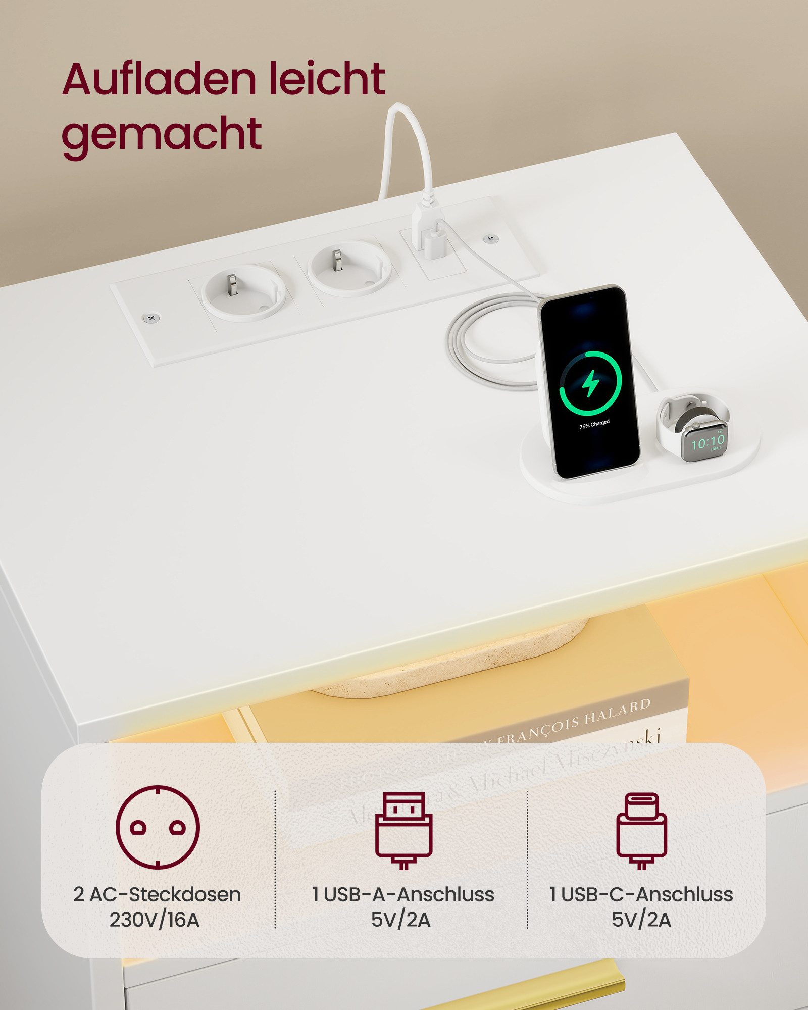 VASAGLE Nachttisch mit Ladestation, LED-Beleuchtung und Schubladen, mit 2 AC-Steckdosen und USB-Anschlüssen, 1er/2er Set
