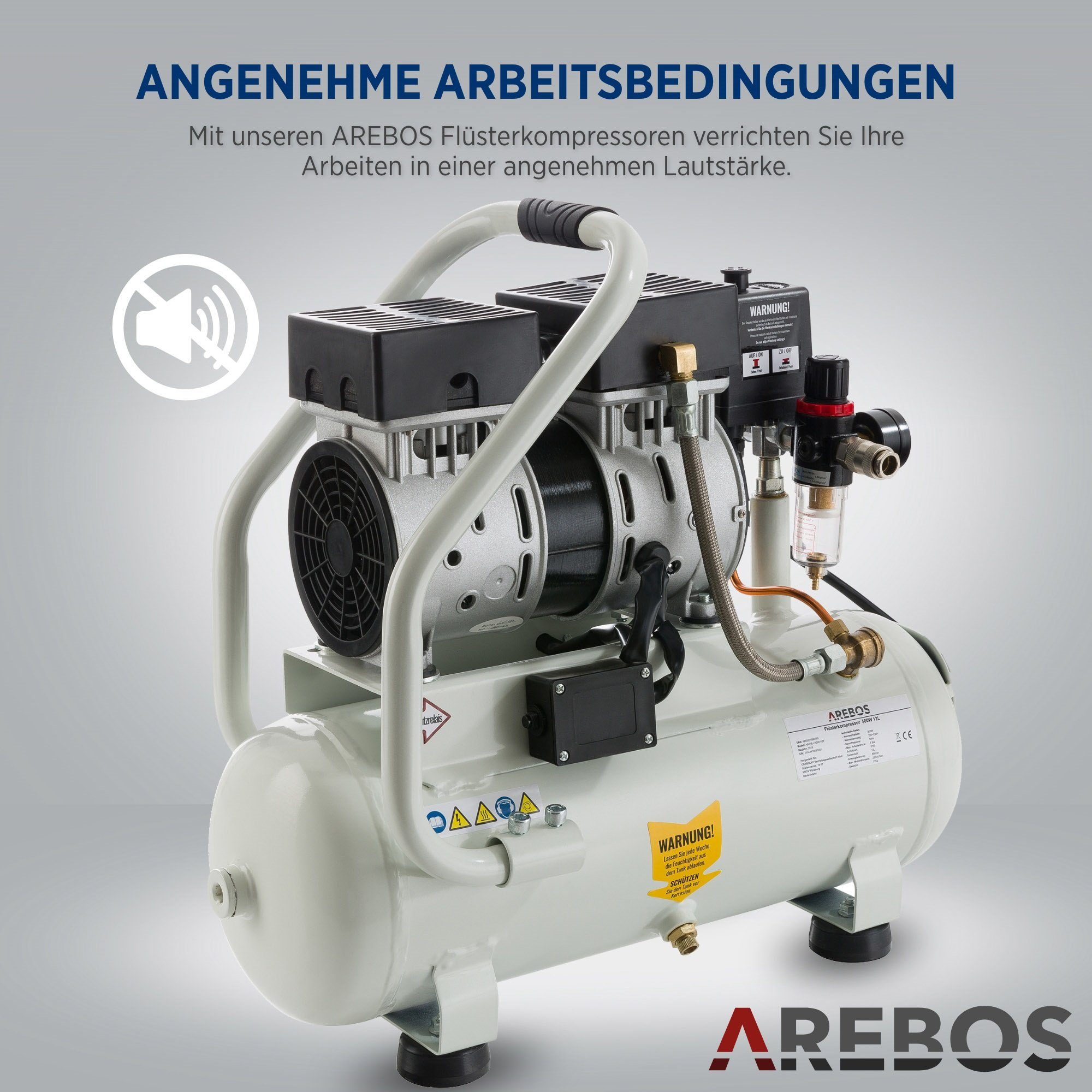 Arebos Kompressor Flüsterkompressor 500W Kompressor, Druckluft Kompressor 12l, Druckluft Kompressor 500 W