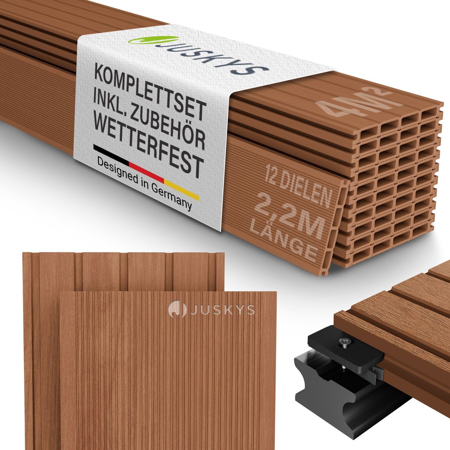 Juskys Terrassendielen, 4 m², BxL: je 14.6x220 cm, (12-St., 4 m), 4m² Fläche, Witterungsbeständig, Raue Oberfläche, 330 kg/m² belastbar