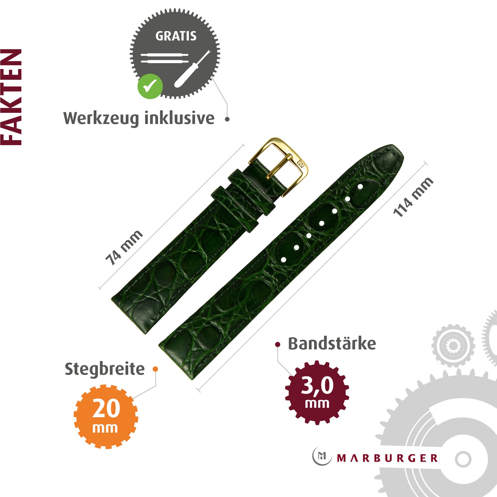 MARBURGER Uhrenarmband 20mm Leder Kroko (Caiman) Prägung