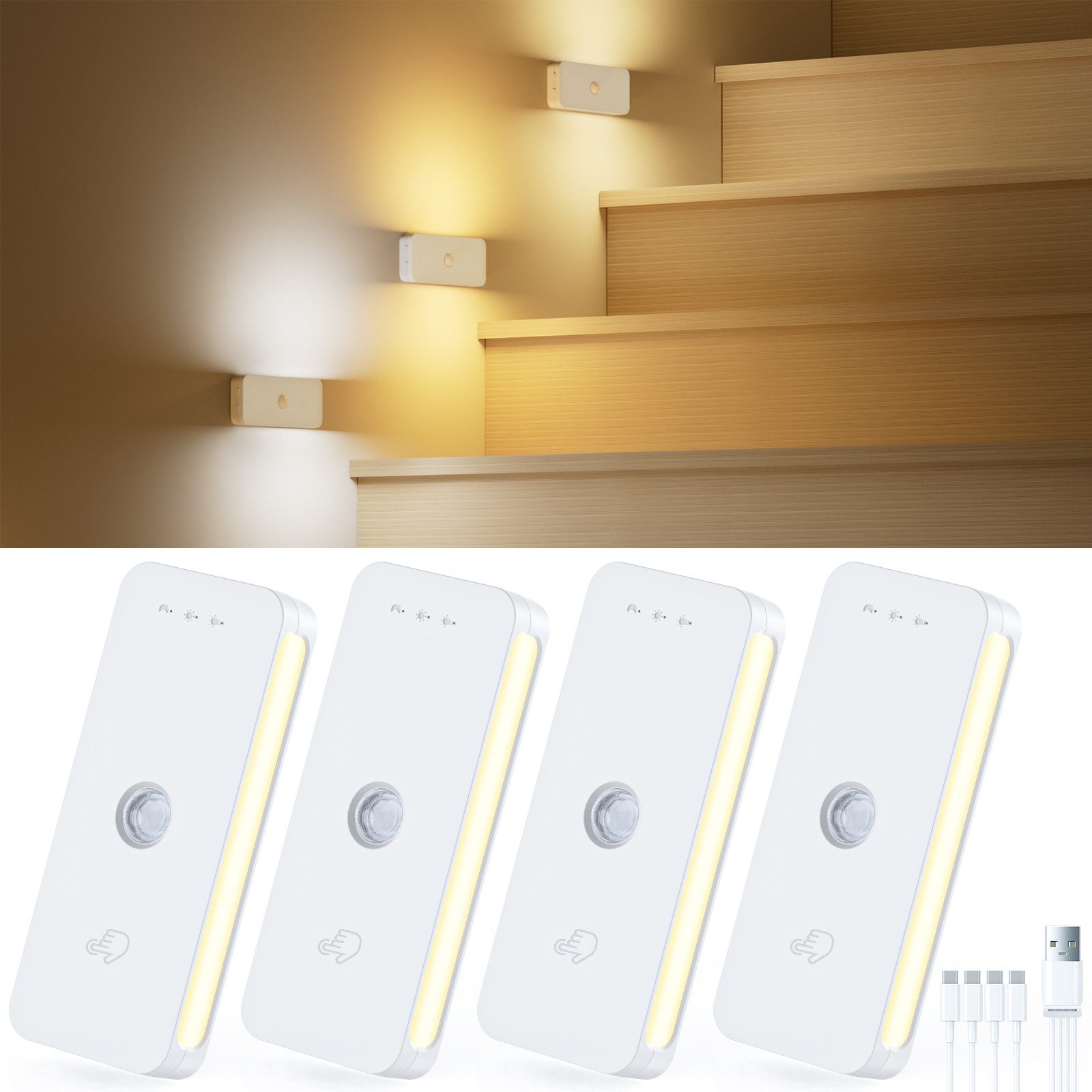skelo LED Nachtlicht Nachtlicht Mit Bewegungsmelder, Aufladbar Treppenlicht Innen, 3 Modi, Auto/ON/OFF, LED fest integriert, Warmweiß (3000K), Neutralweiß (4500K) und Kaltweiß (6000K), 3 Farbtemperaturen, dimmbare Treppenbeleuchtung für Küche & Flur