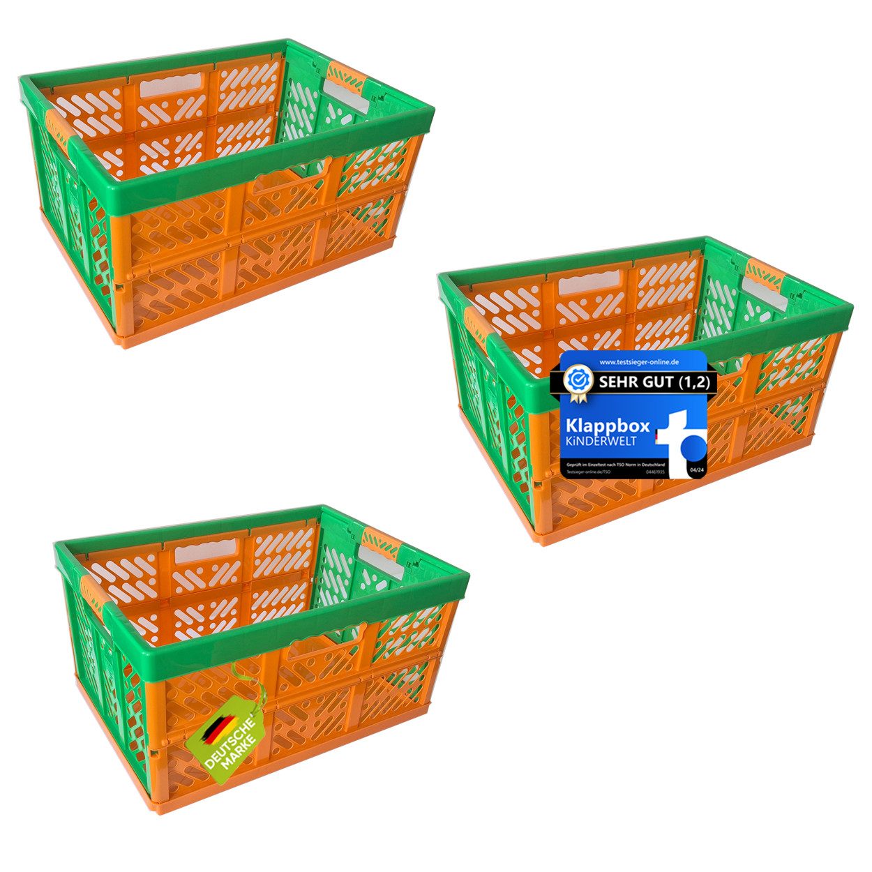 KiNDERWELT Klappbox 3x Premium Faltbox 45 L mit Soft-Touch Griffen, aus hochwertigem Kunststoff