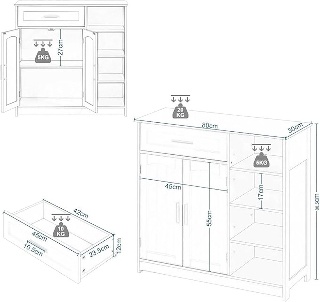 EUGAD Badkommode (1 St), mit 1 Schublade, 2 Türen, verstellbaren Ablagen, Weiß