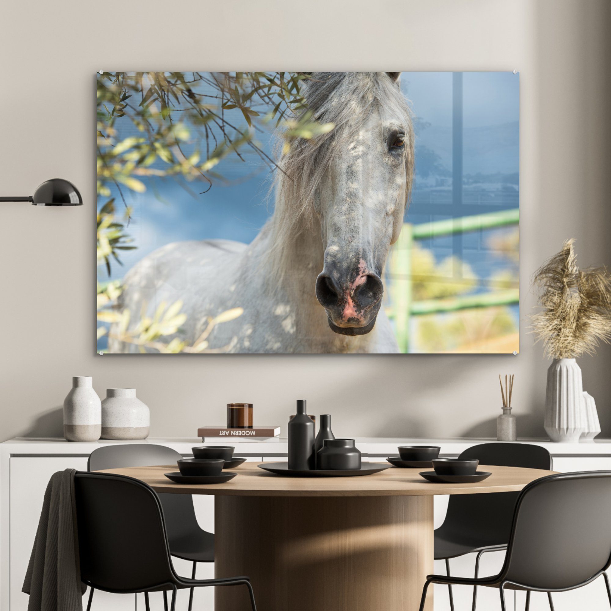 MuchoWow Acrylglasbild Pferde - Laub Zaun, Schlafzimmer Acrylglasbilder (1 - Wohnzimmer & St)